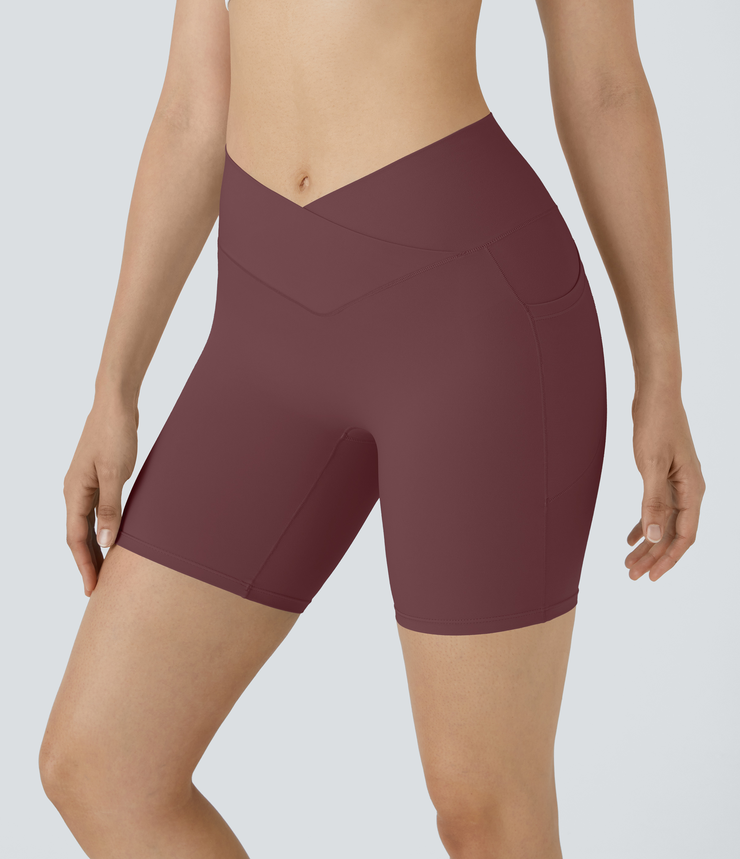 High Waisted Crossover Pocket Yoga Biker Shorts 7"-UPF50+