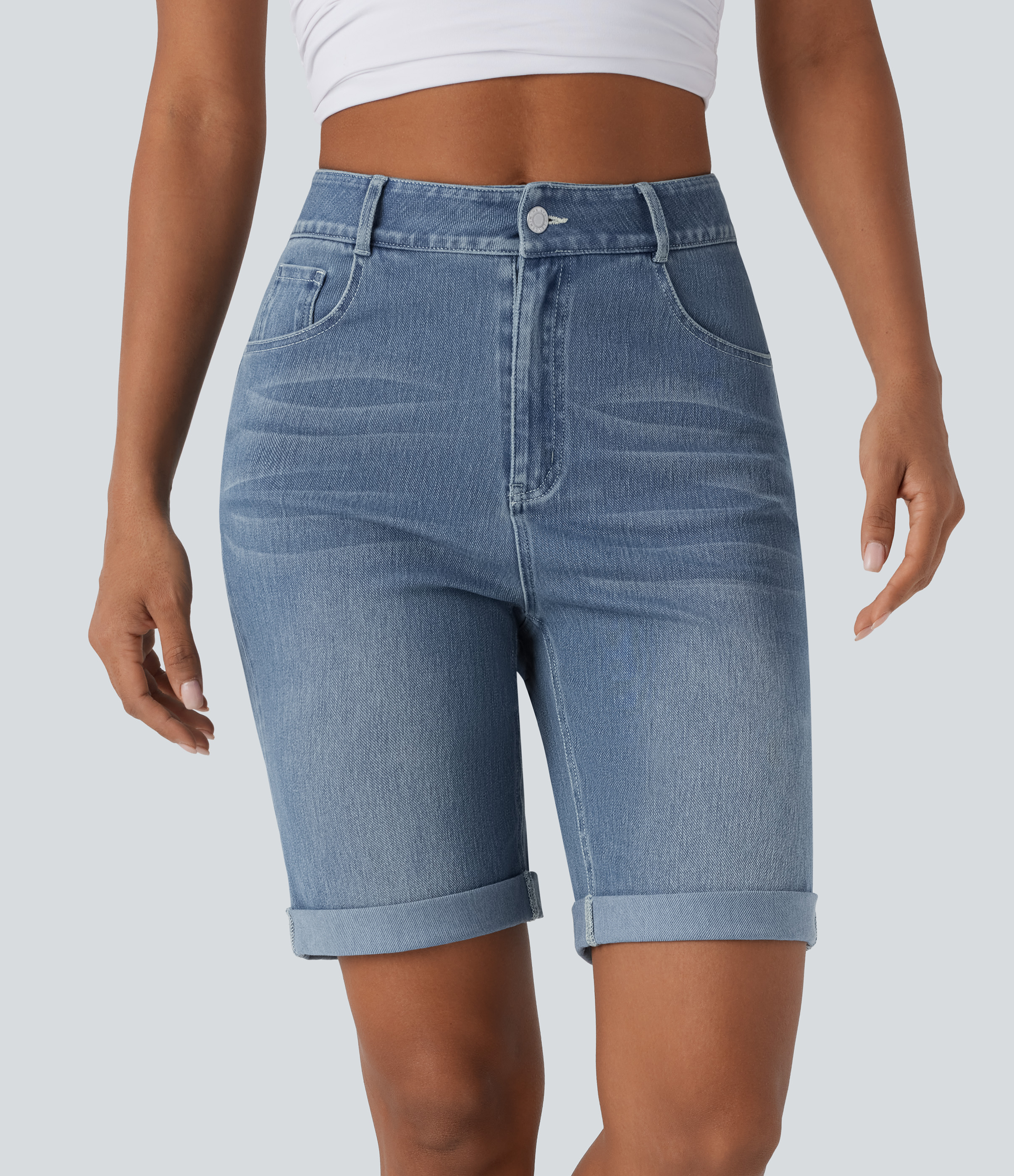 High Waisted Pockets Rolled Hem Washed Denim Casual Bermuda Shorts