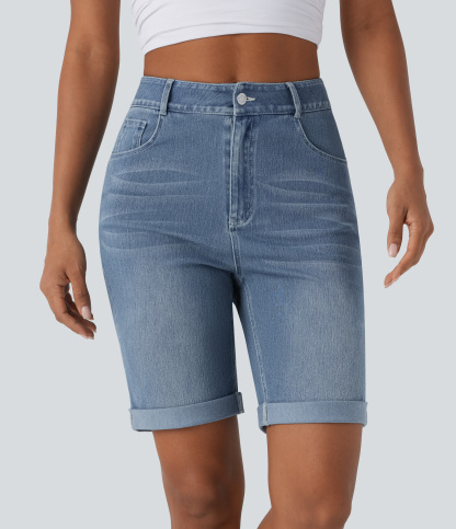 High Waisted Pockets Rolled Hem Washed Denim Casual Bermuda Shorts