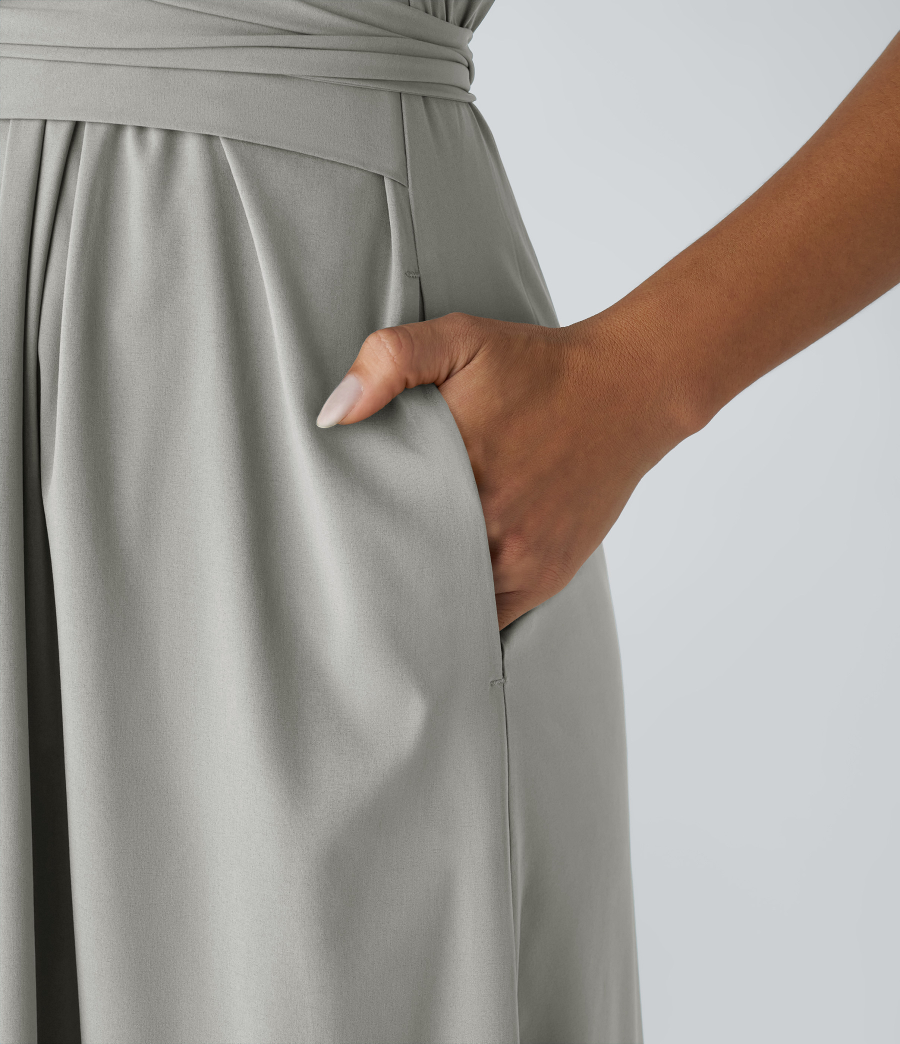 V Neck Short Sleeve Pocket Tie Back Quick Dry Midi Casual Dress-Longer Length