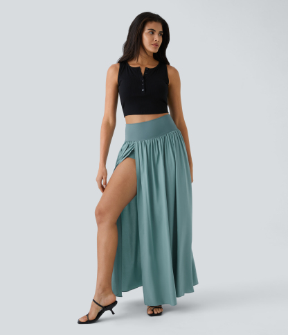 High Waisted Split 2-in-1 Flowy Quick Dry Maxi Casual Skirt