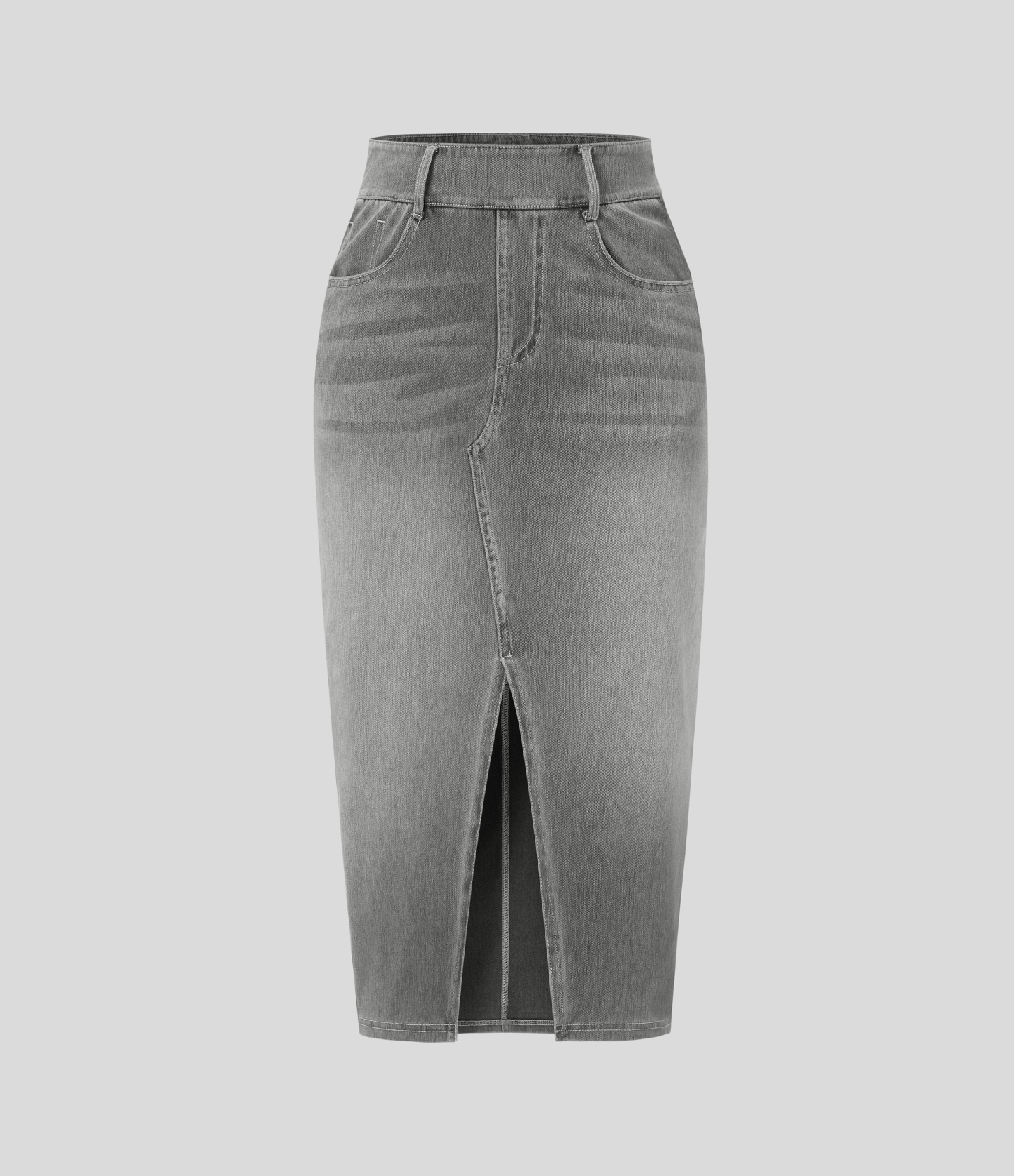 High Waisted Pockets Bodycon Washed Denim Casual Midi Skirt