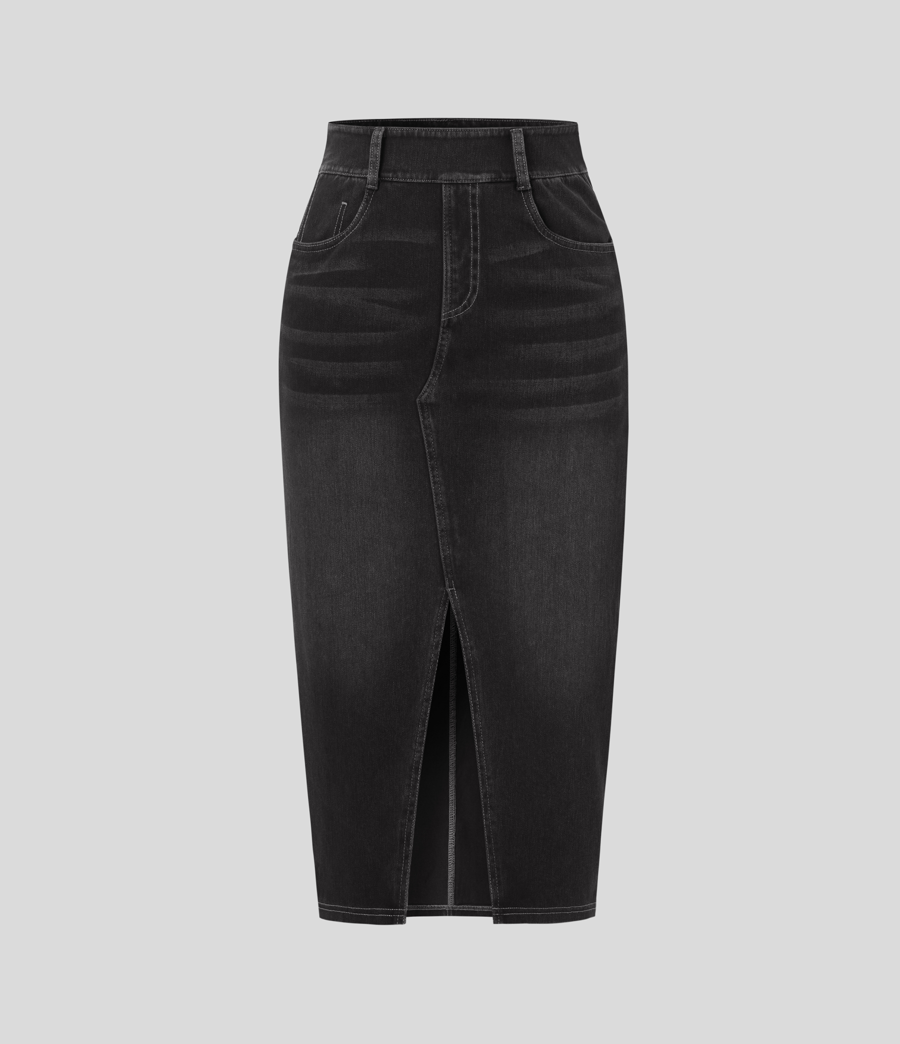 High Waisted Pockets Bodycon Washed Denim Casual Midi Skirt