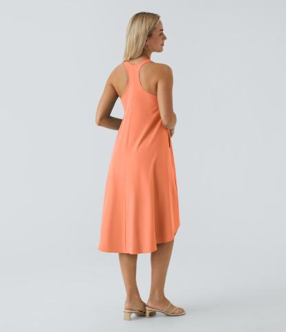 Backless Racerback Side Pocket High Low Flowy Midi Quick Dry Casual Dress