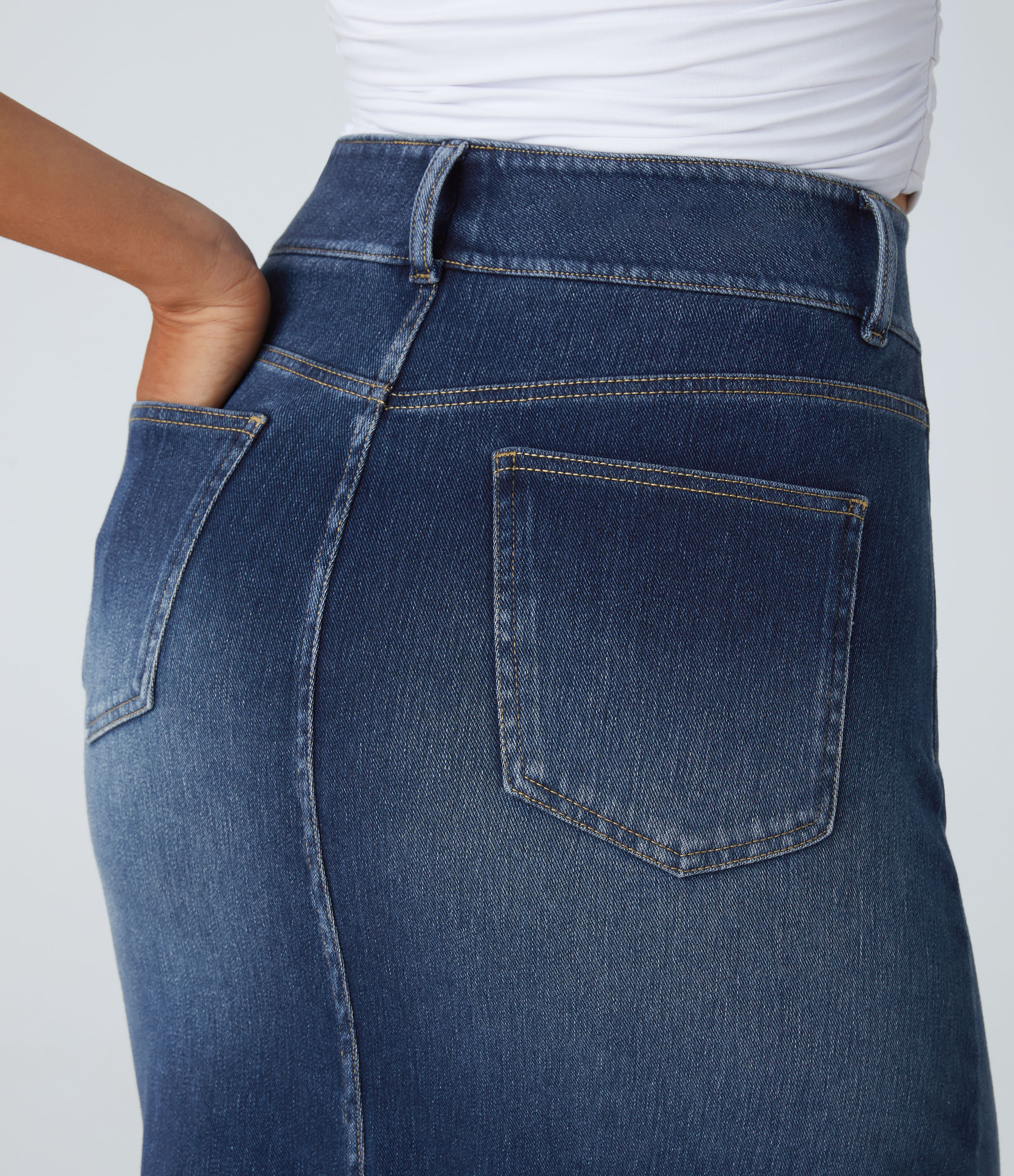 High Waisted Pockets Bodycon Washed Denim Casual Midi Skirt