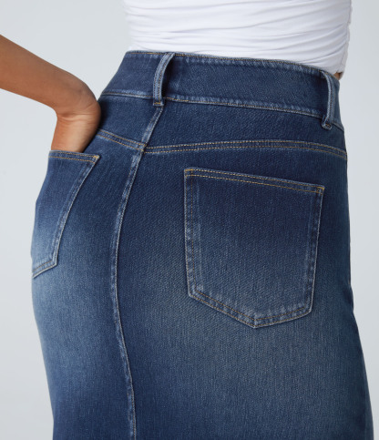 High Waisted Pockets Bodycon Washed Denim Casual Midi Skirt