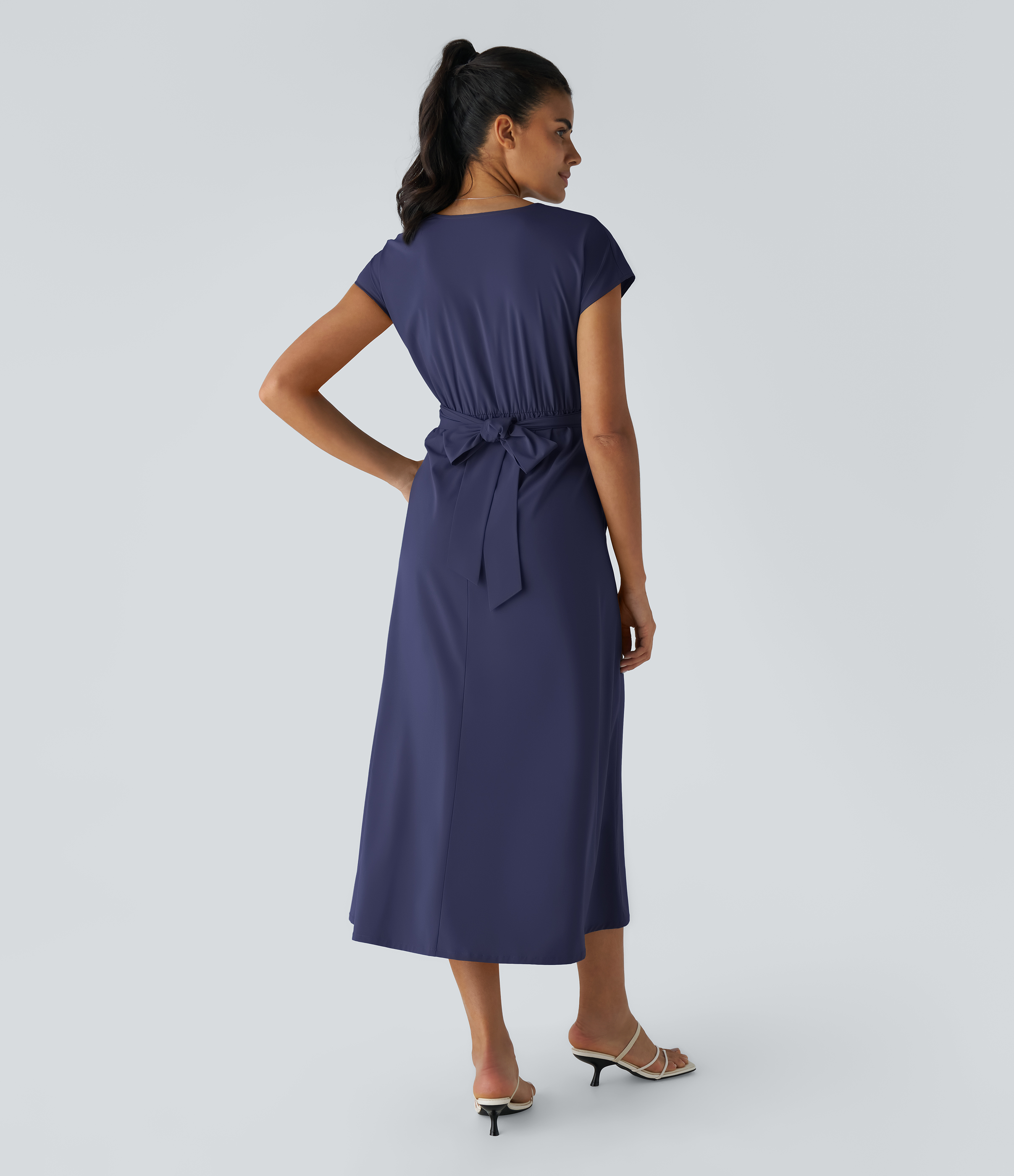 V Neck Short Sleeve Pocket Tie Back Quick Dry Midi Casual Dress-Longer Length