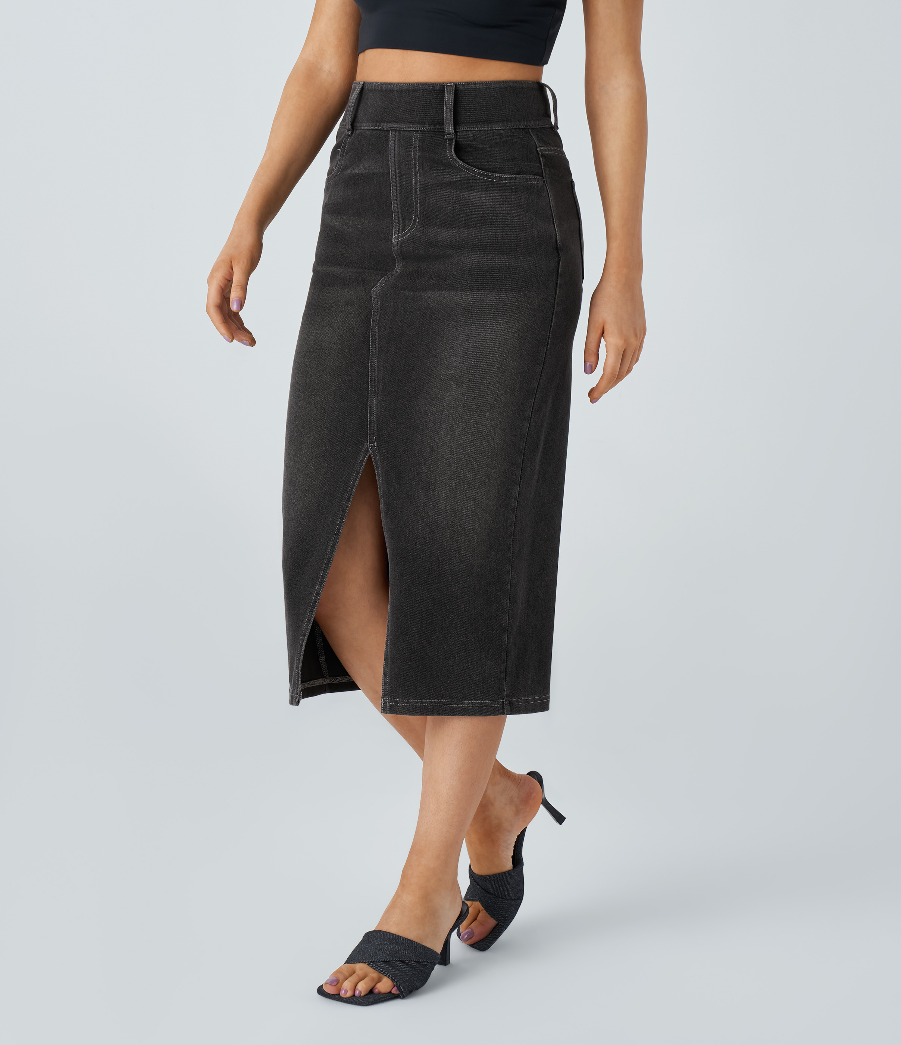 High Waisted Pockets Bodycon Washed Denim Casual Midi Skirt