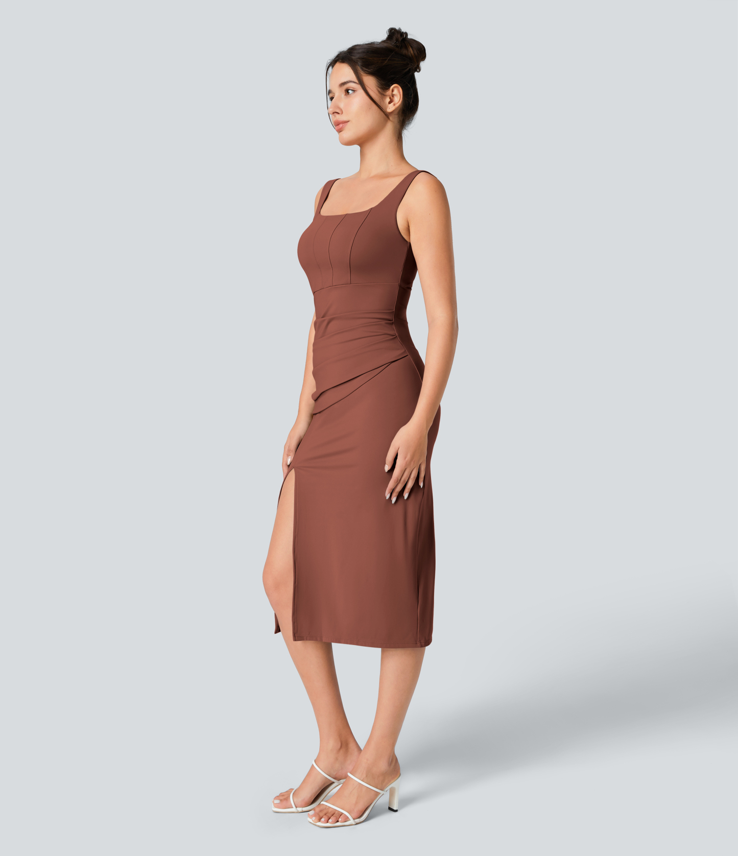 Airy Square Neck Backless Corset Ruched Split Bodycon Midi Cool Touch Bridesmaid and Wedding Guest Dress