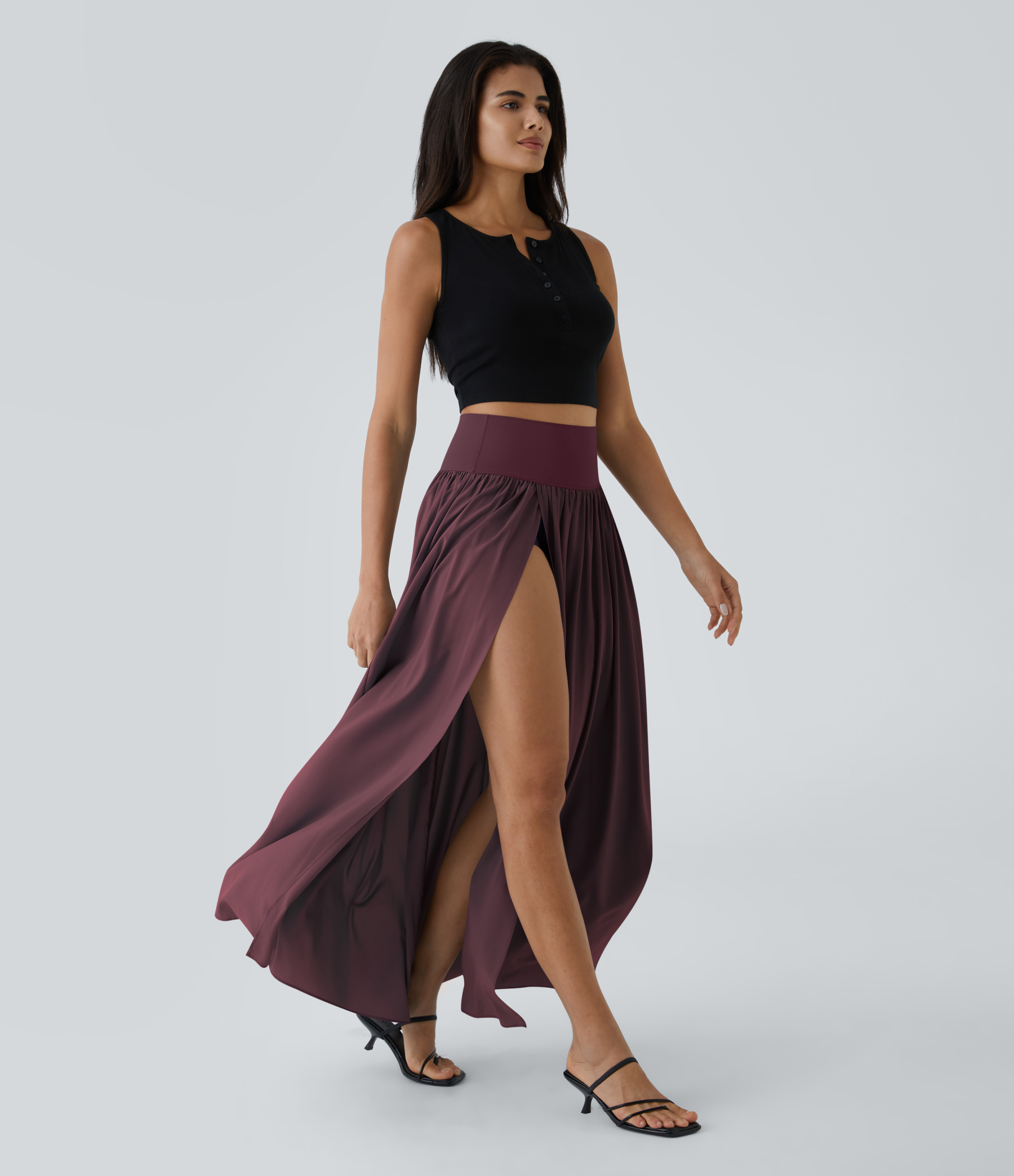 High Waisted Split 2-in-1 Flowy Quick Dry Maxi Casual Skirt
