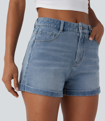 Mid Rise Zipper Pockets Denim Casual Shorts 3''