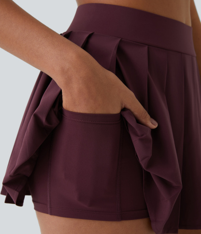 High Waisted Pleated 2-in-1 Pocket Adjustable Buckle Micro Mini Quick Dry Casual Skirt