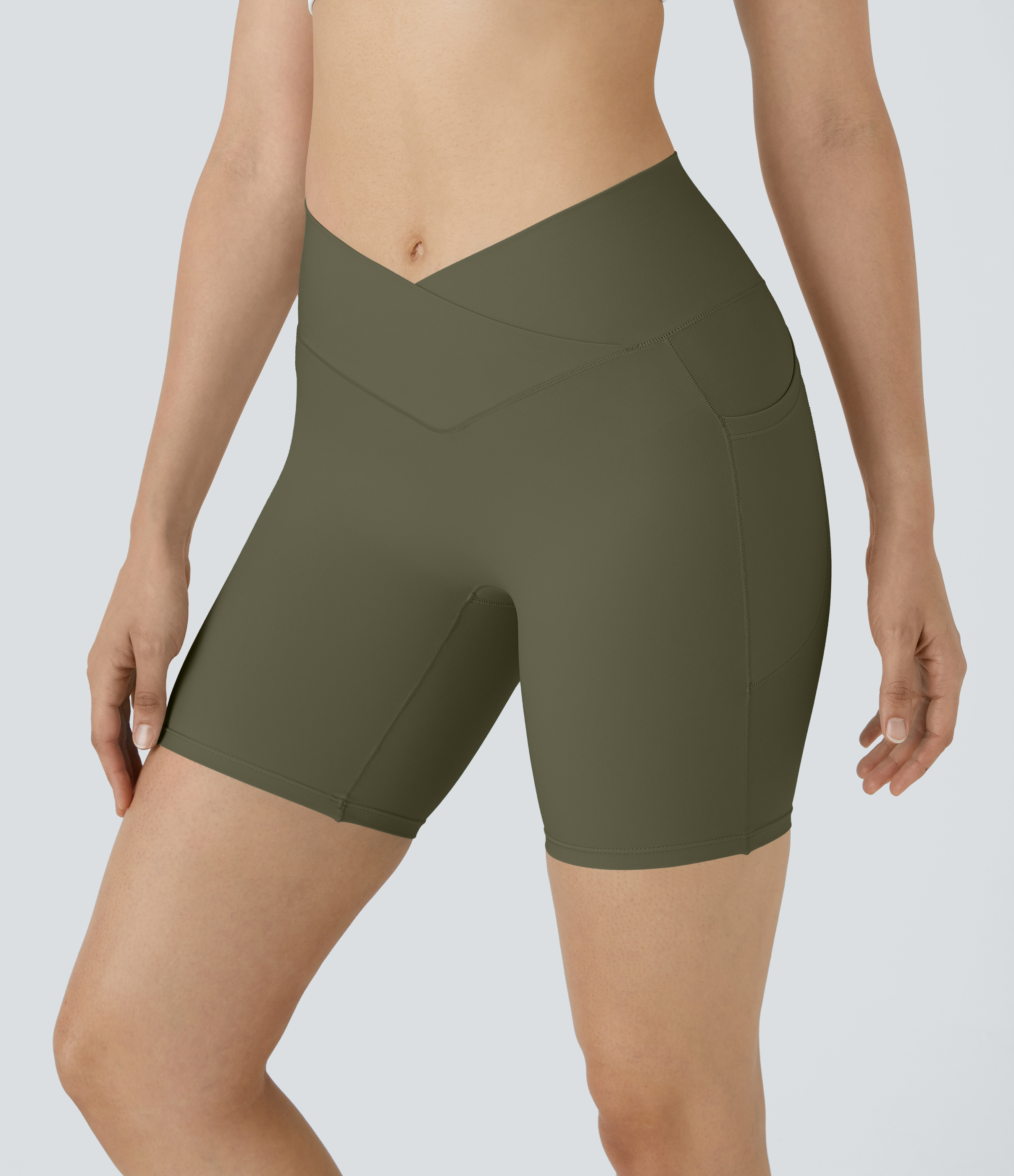 High Waisted Crossover Pocket Yoga Biker Shorts 7"-UPF50+