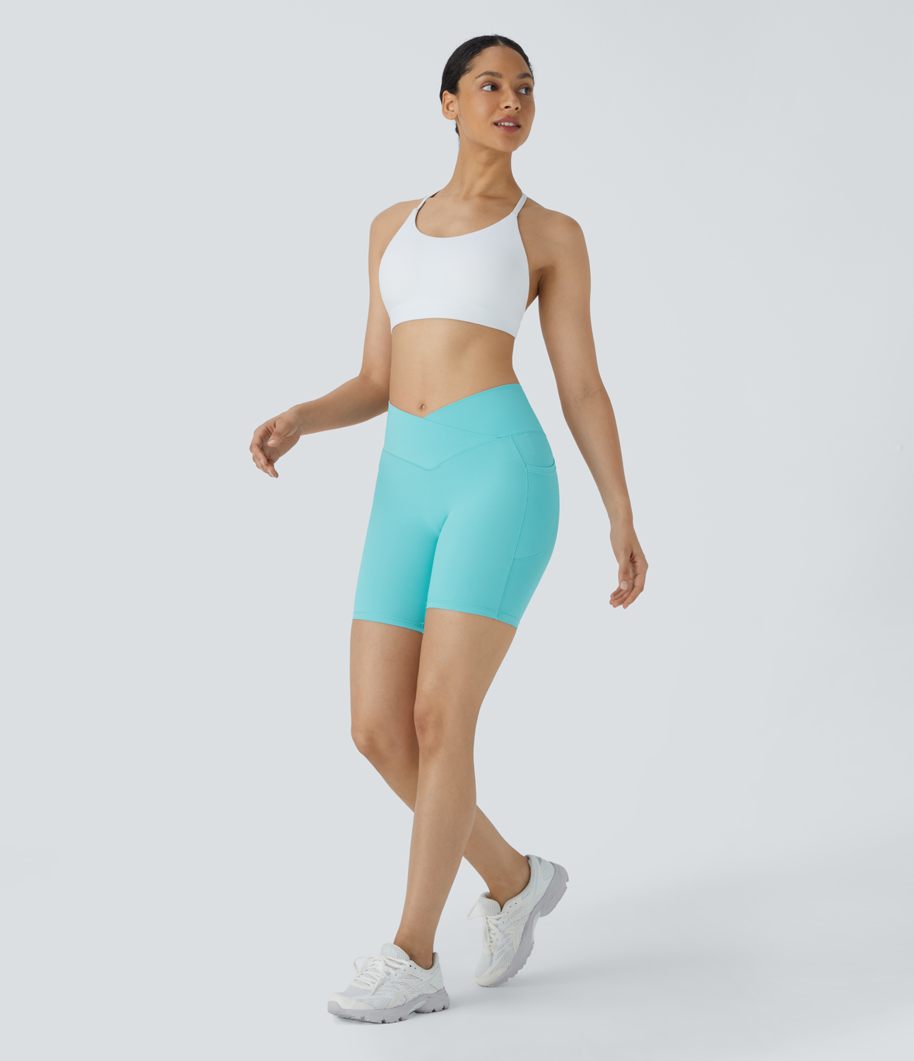 High Waisted Crossover Pocket Yoga Biker Shorts 7"-UPF50+