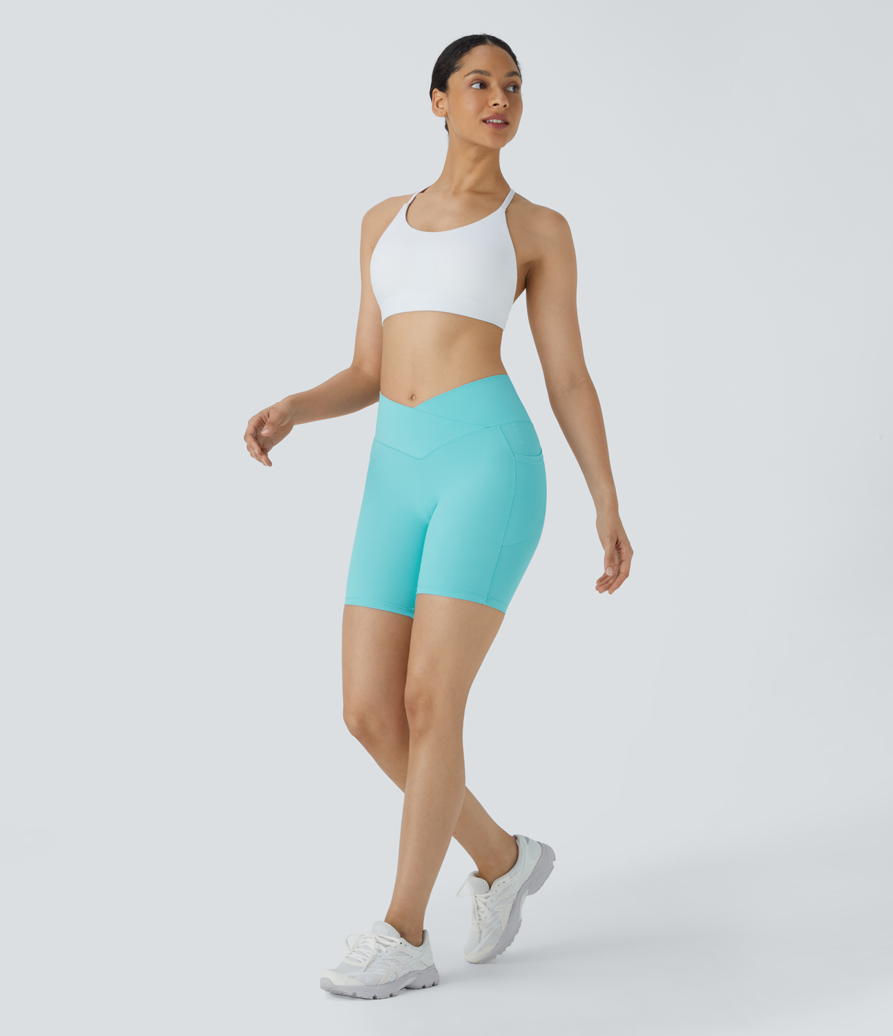 High Waisted Crossover Pocket Yoga Biker Shorts 7"-UPF50+