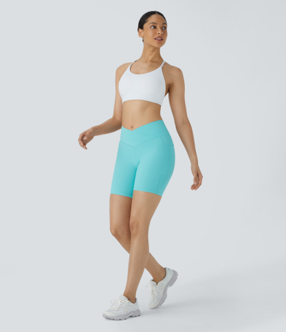 High Waisted Crossover Pocket Yoga Biker Shorts 7"-UPF50+