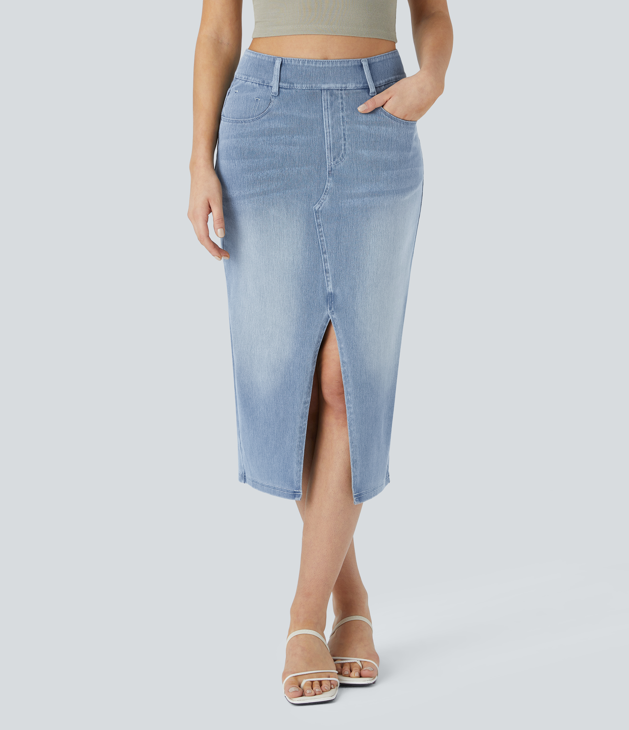 High Waisted Pockets Bodycon Washed Denim Casual Midi Skirt