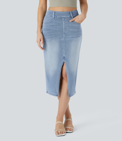 High Waisted Pockets Bodycon Washed Denim Casual Midi Skirt