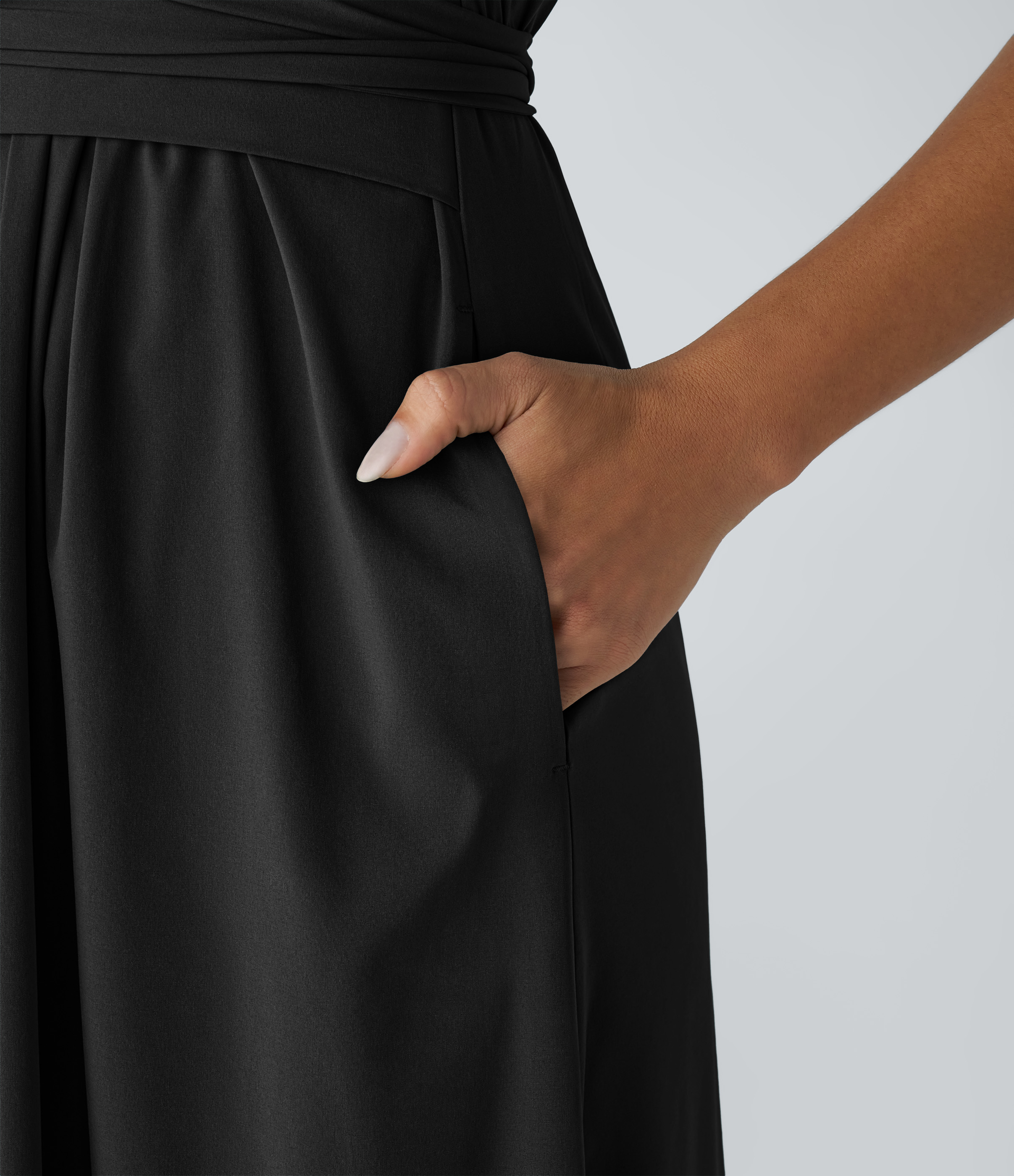 V Neck Short Sleeve Pocket Tie Back Quick Dry Midi Casual Dress-Longer Length