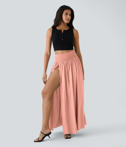 High Waisted Split 2-in-1 Flowy Quick Dry Maxi Casual Skirt