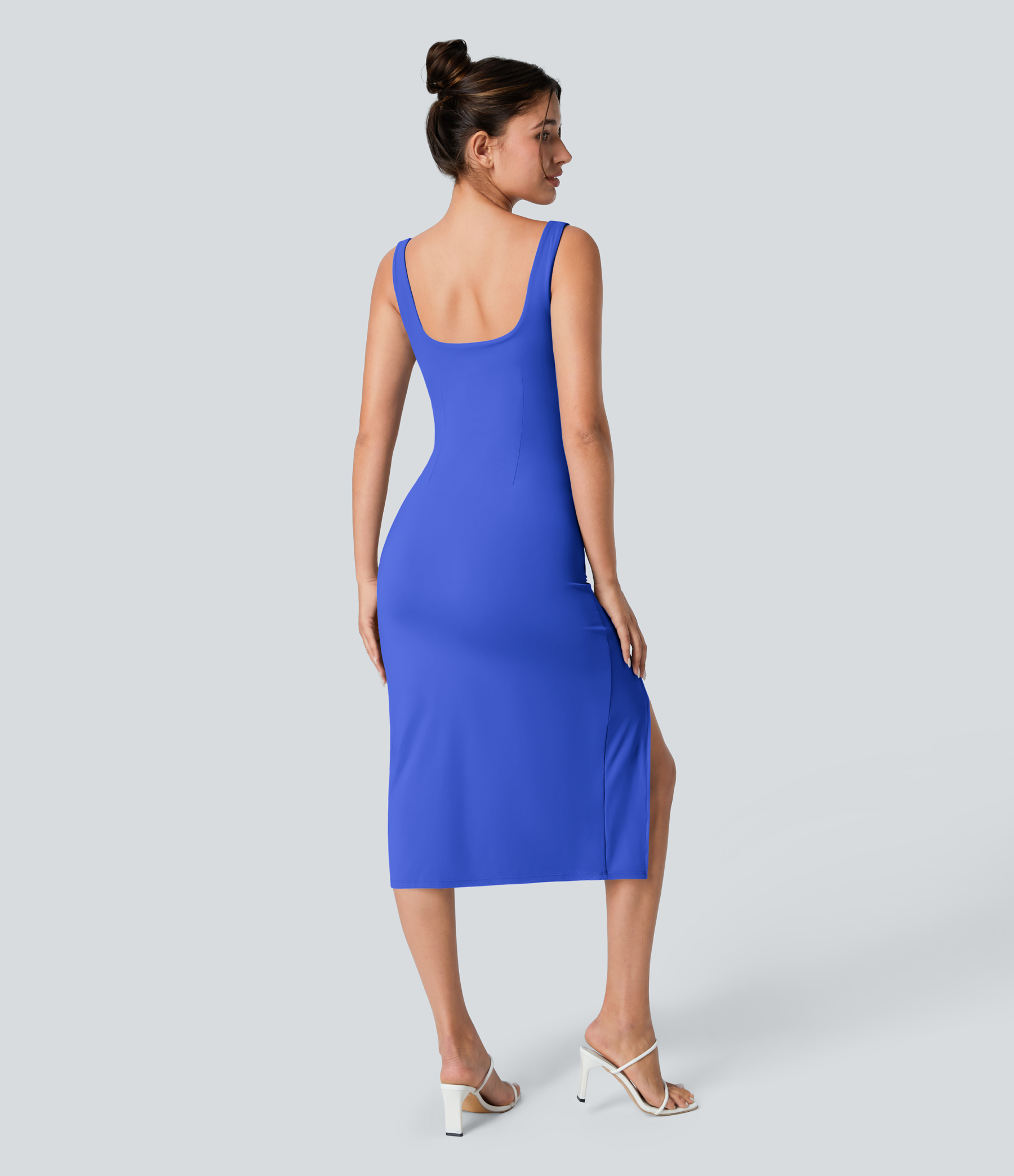 Airy Square Neck Backless Corset Ruched Split Bodycon Midi Cool Touch Bridesmaid and Wedding Guest Dress