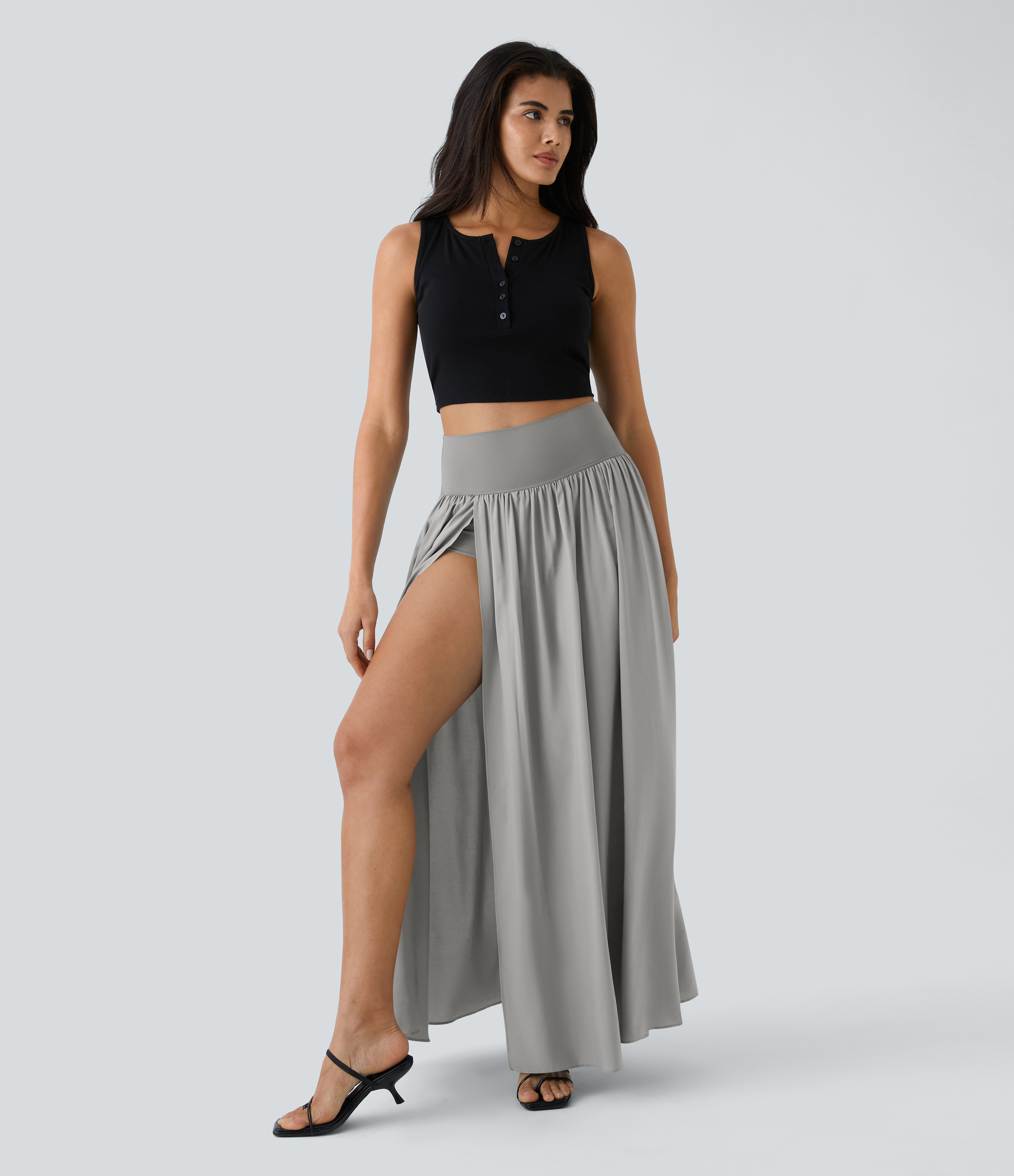 High Waisted Split 2-in-1 Flowy Quick Dry Maxi Casual Skirt