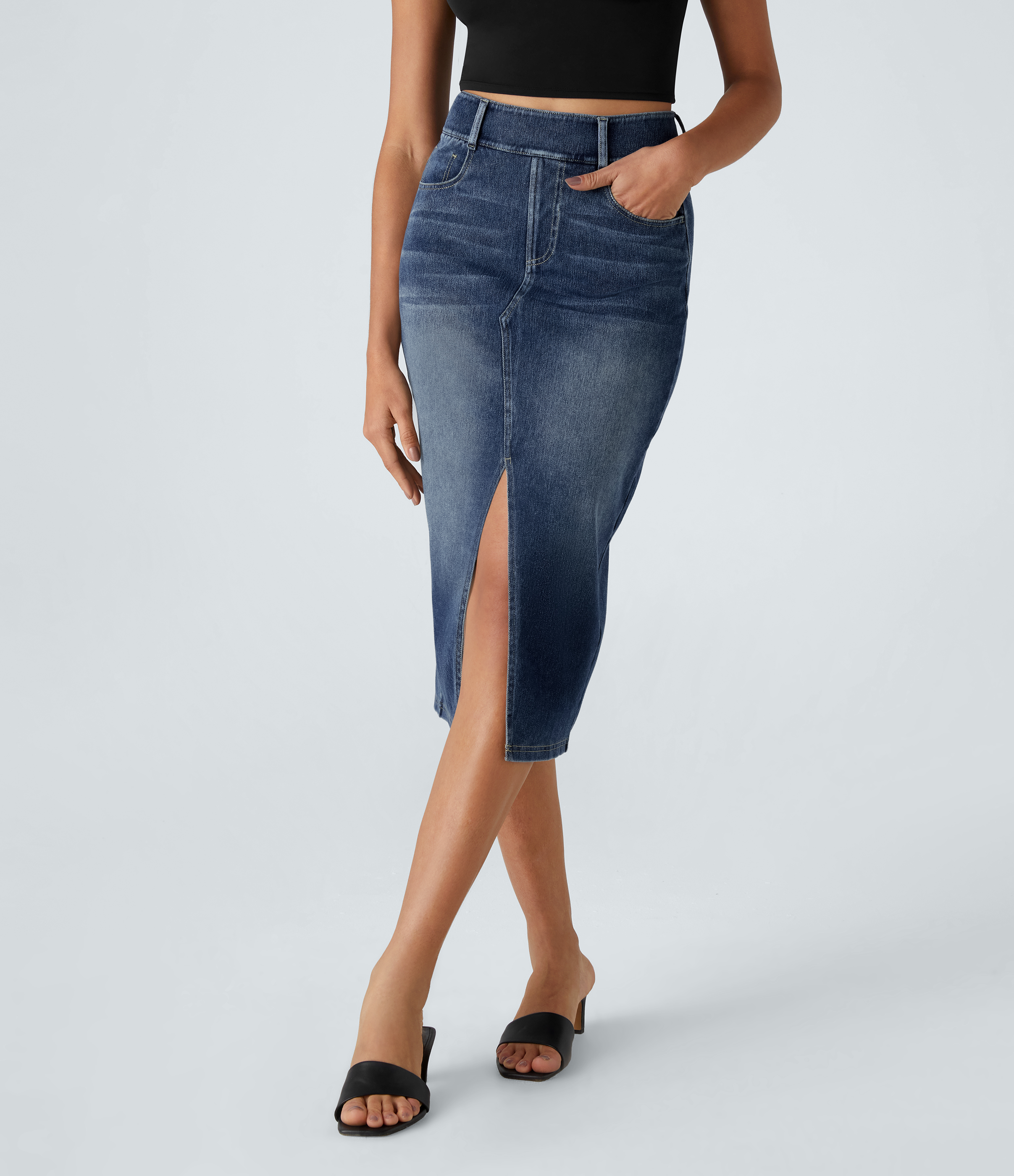 High Waisted Pockets Bodycon Washed Denim Casual Midi Skirt
