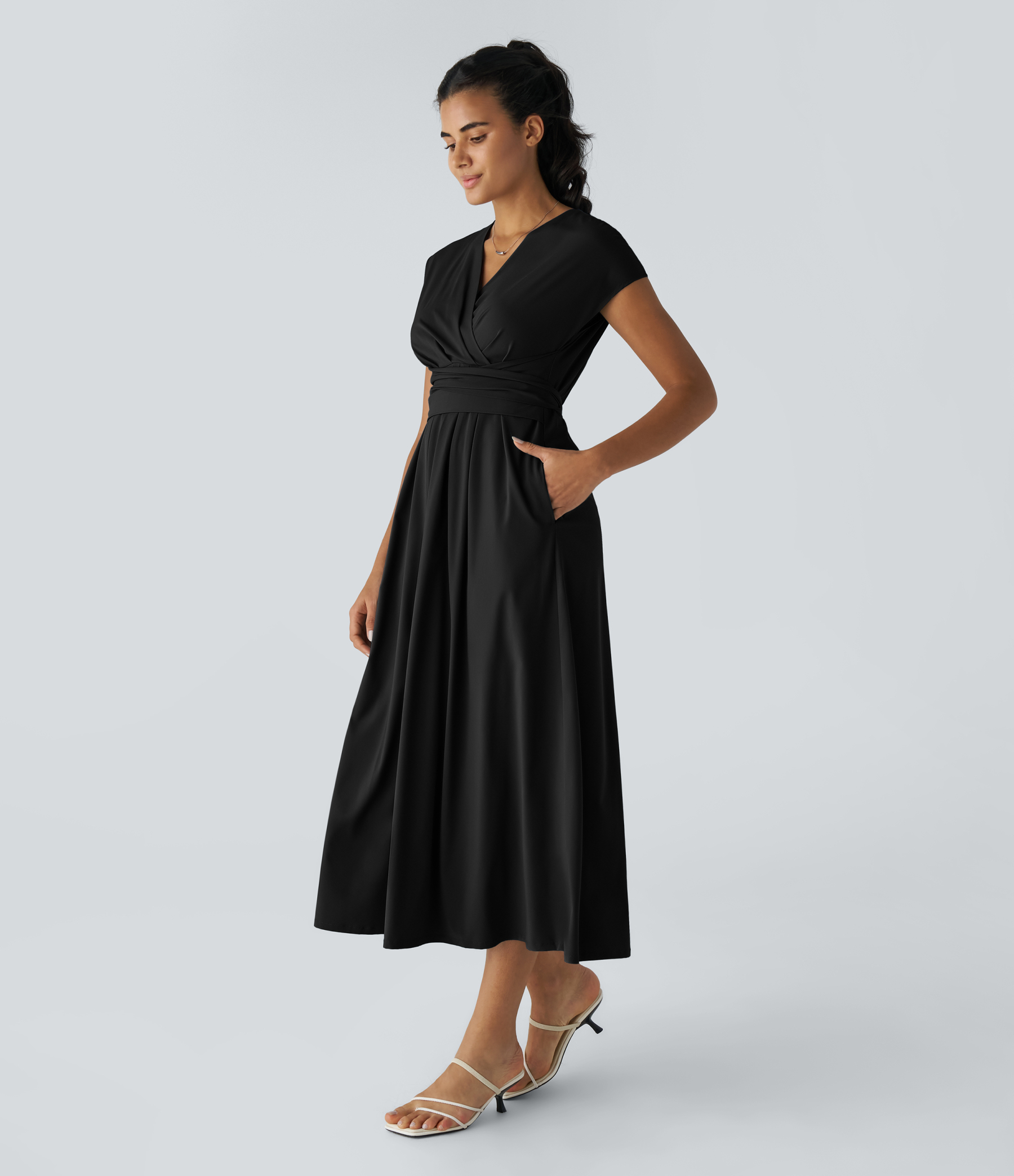 V Neck Short Sleeve Pocket Tie Back Quick Dry Midi Casual Dress-Longer Length