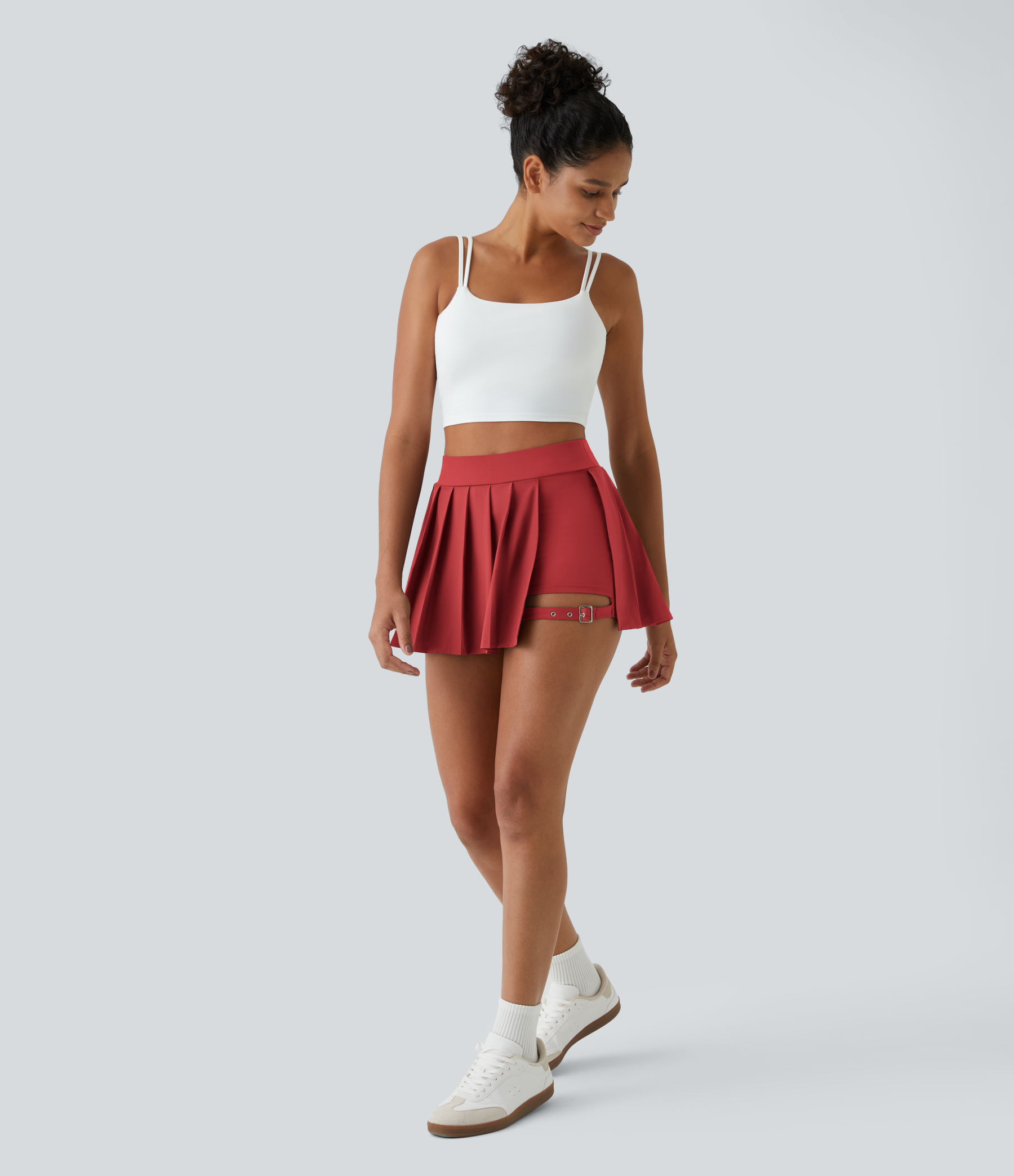 High Waisted Pleated 2-in-1 Pocket Adjustable Buckle Micro Mini Quick Dry Casual Skirt