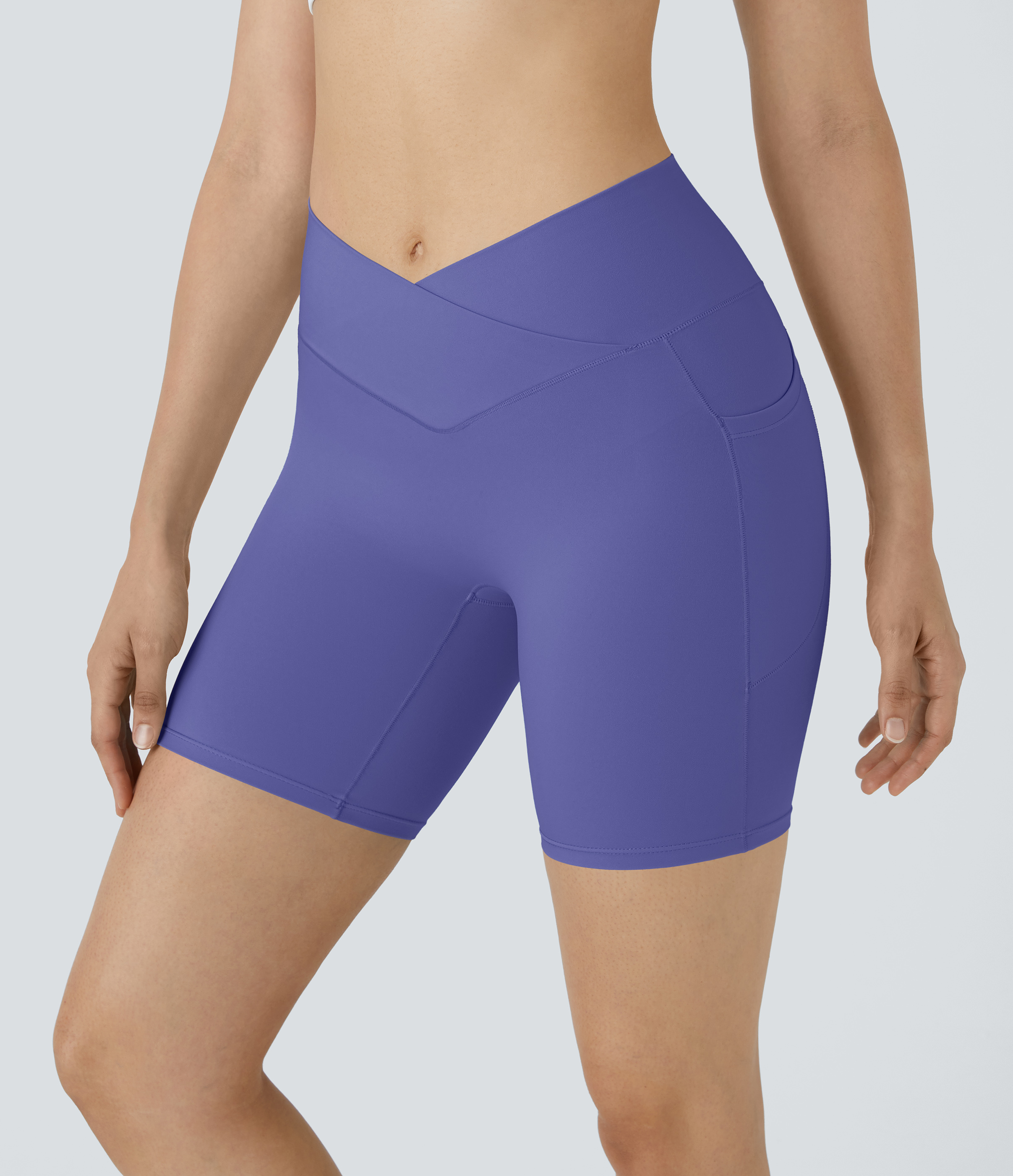 High Waisted Crossover Pocket Yoga Biker Shorts 7"-UPF50+
