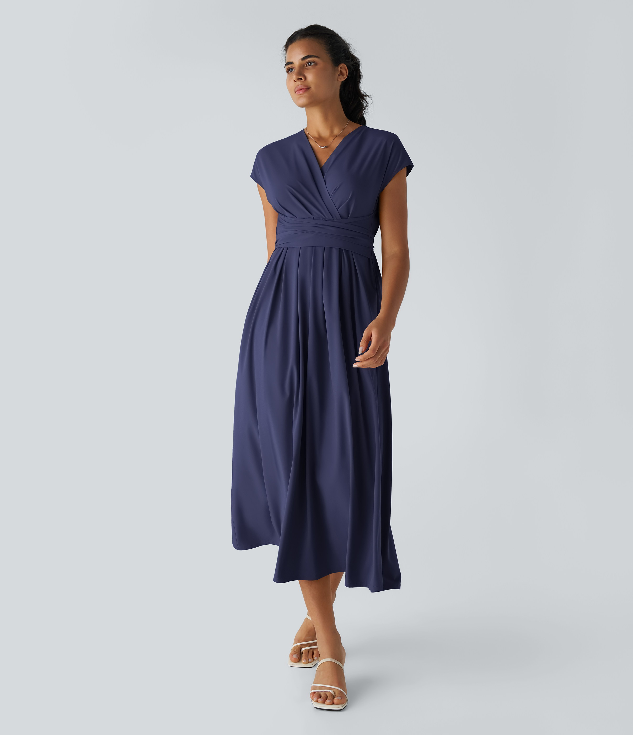 V Neck Short Sleeve Pocket Tie Back Quick Dry Midi Casual Dress-Longer Length