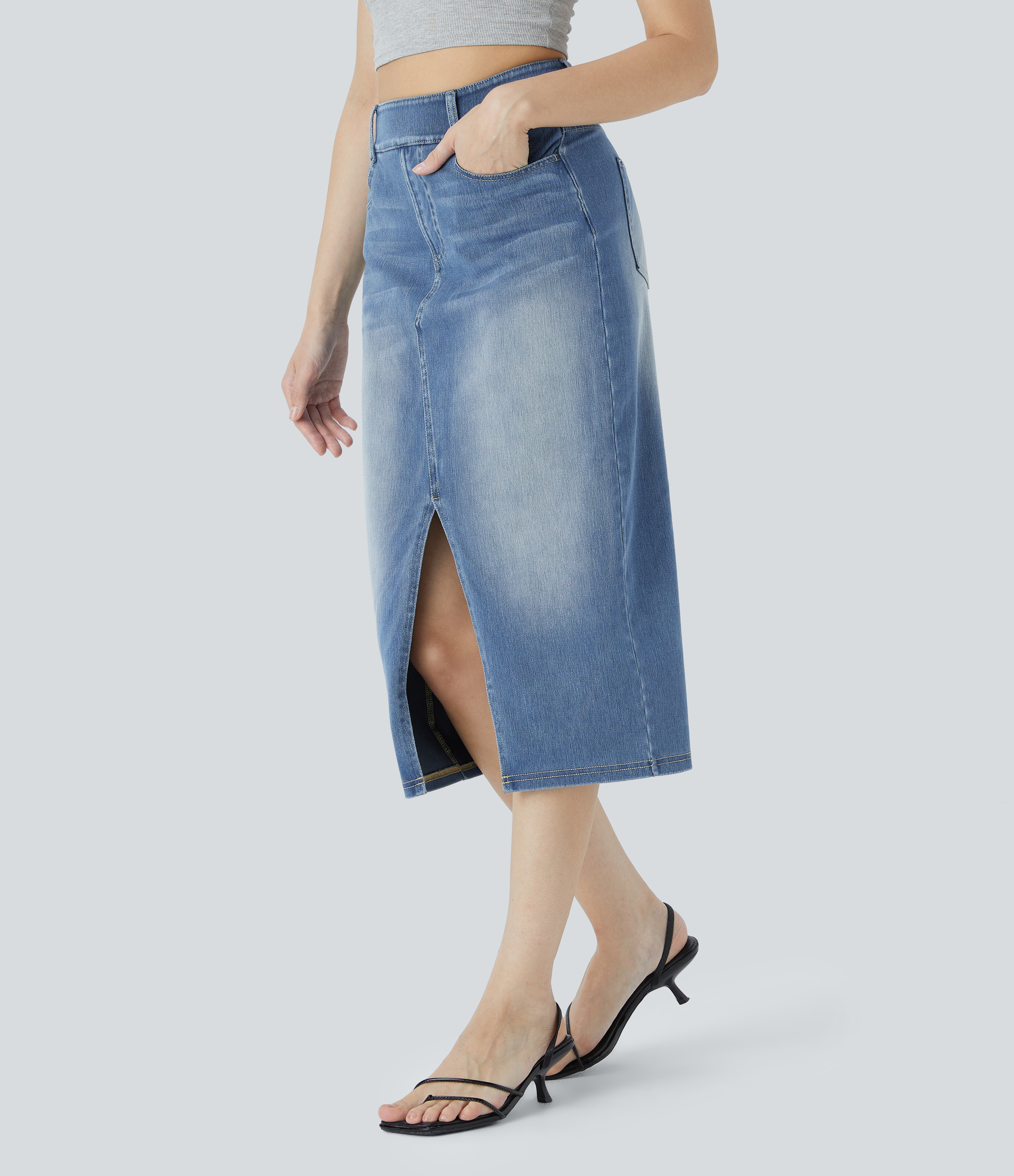 High Waisted Pockets Bodycon Washed Denim Casual Midi Skirt