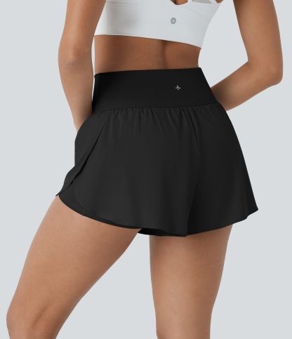 QuickDry High Waisted Reflective Dots Crossover Hem 2-in-1 Pockets Running Shorts