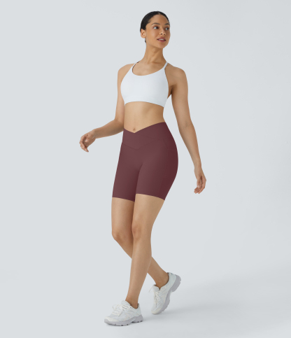 High Waisted Crossover Pocket Yoga Biker Shorts 7"-UPF50+