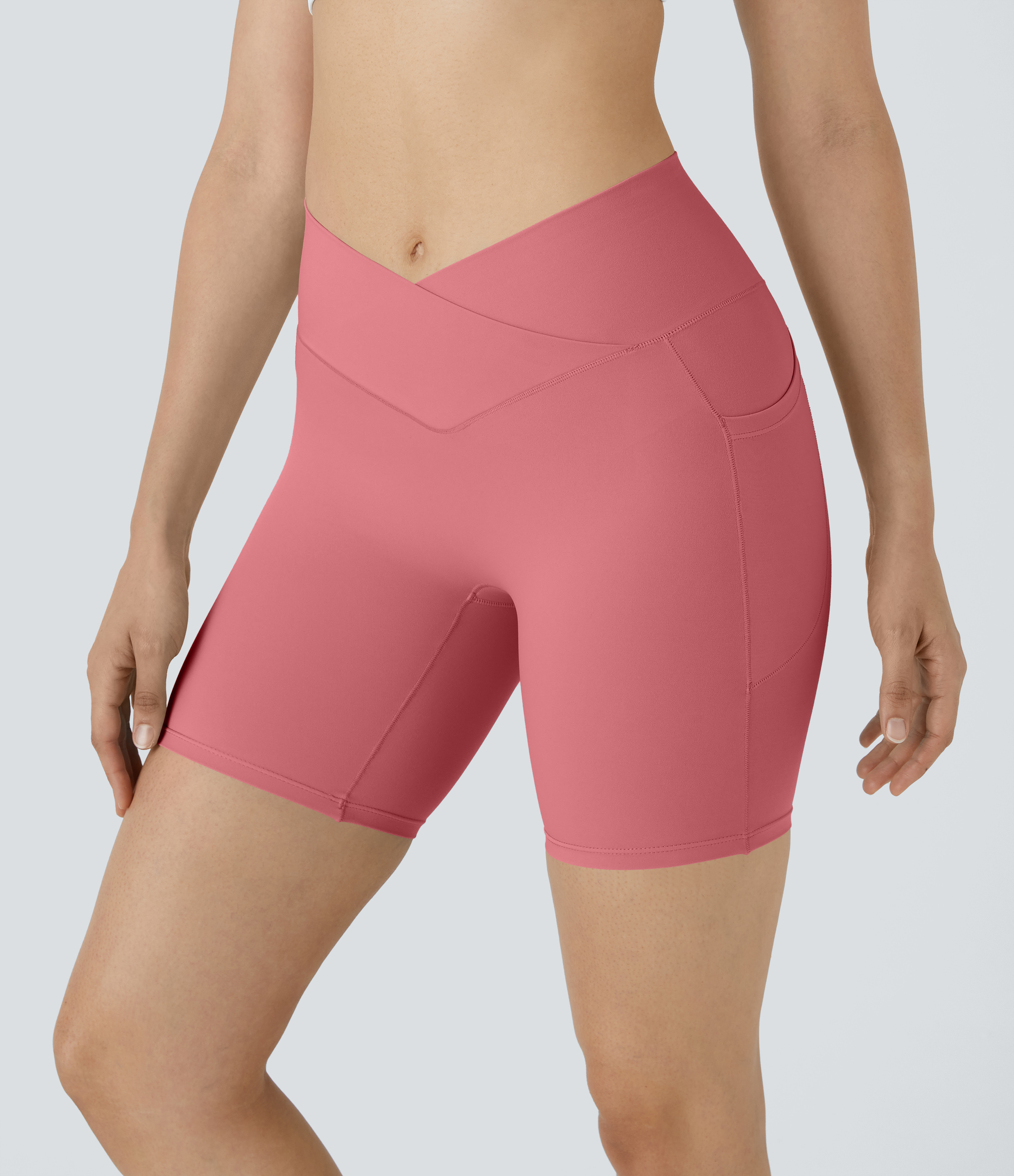 High Waisted Crossover Pocket Yoga Biker Shorts 7"-UPF50+