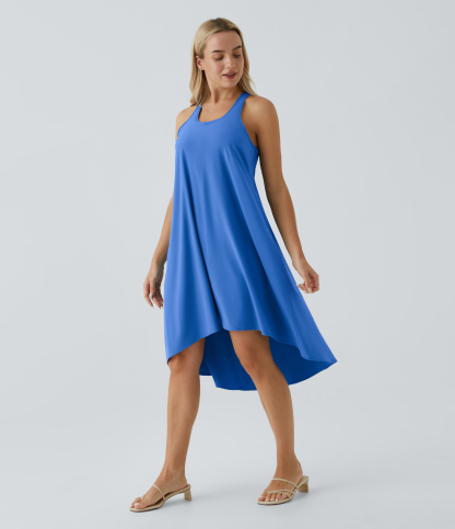 Backless Racerback Side Pocket High Low Flowy Midi Quick Dry Casual Dress