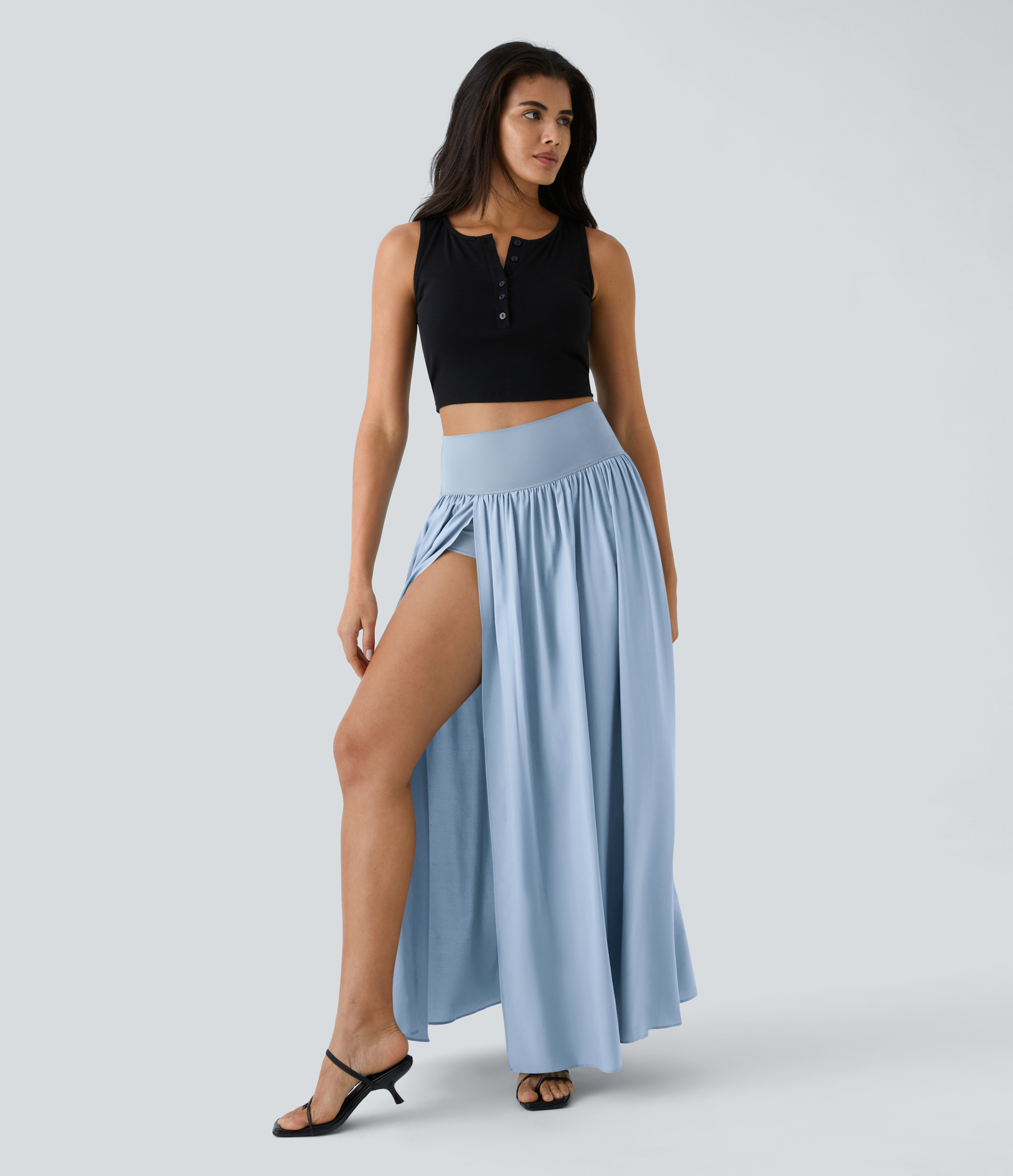 High Waisted Split 2-in-1 Flowy Quick Dry Maxi Casual Skirt