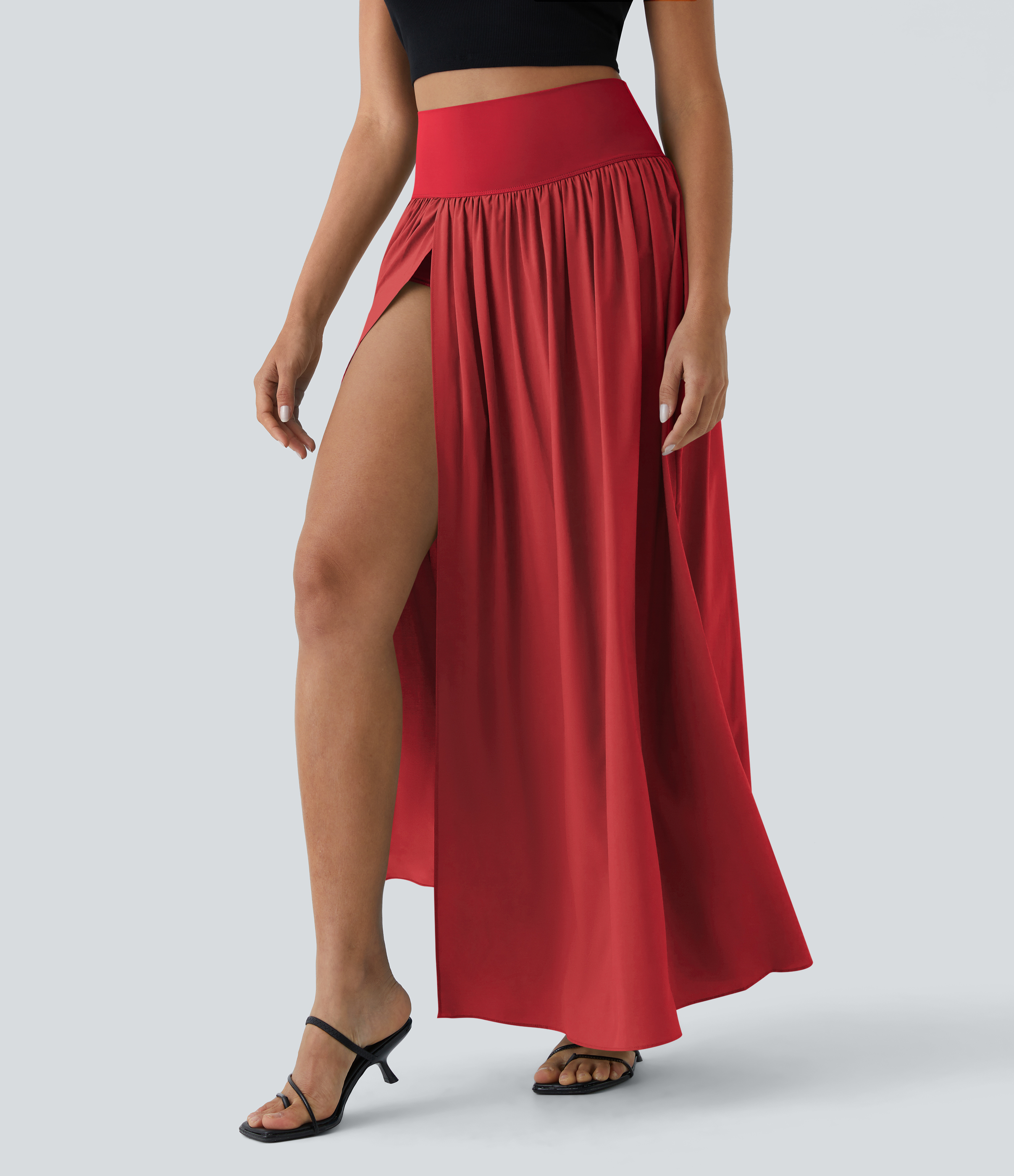 High Waisted Split 2-in-1 Flowy Quick Dry Maxi Casual Skirt