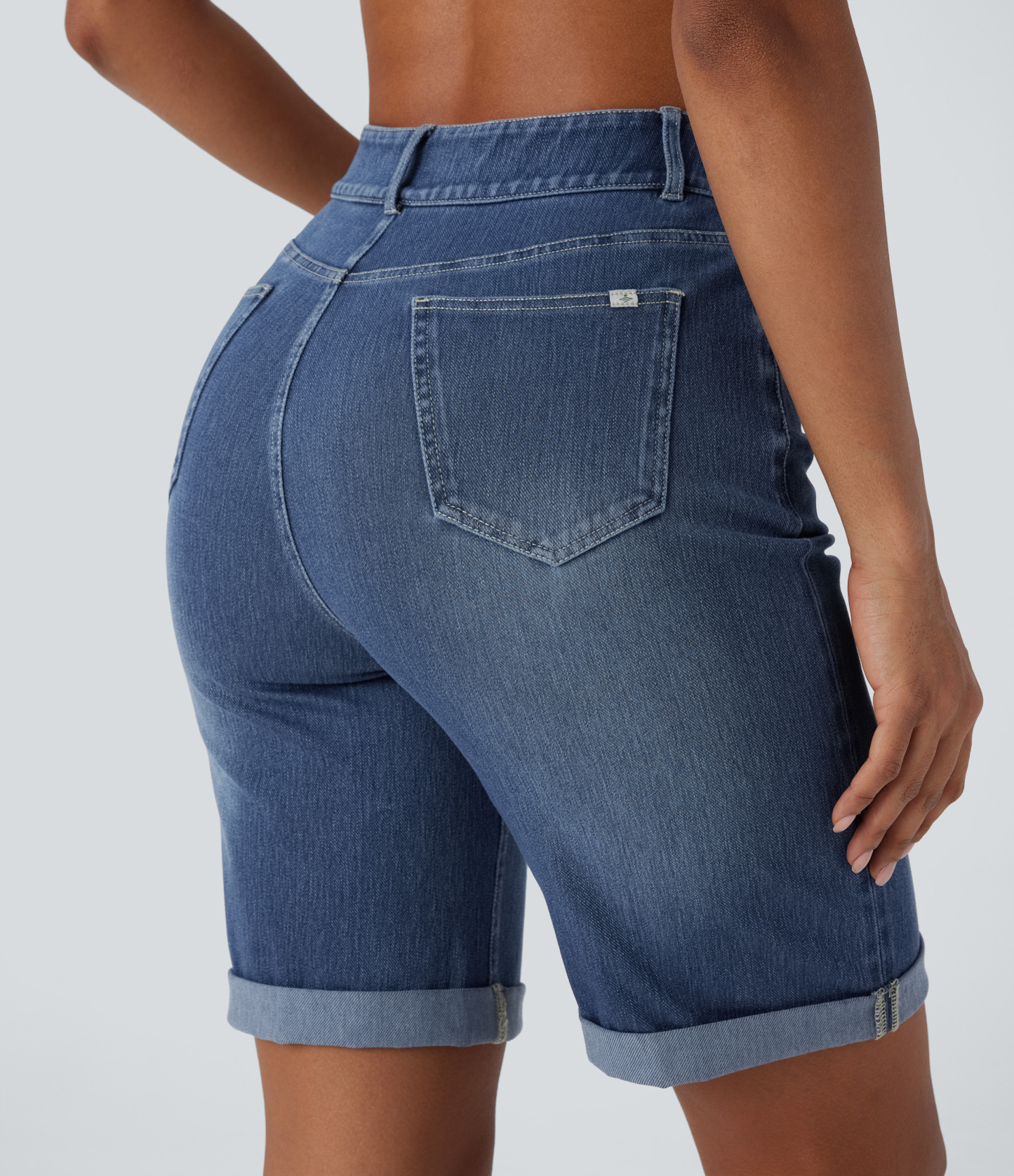 High Waisted Pockets Rolled Hem Washed Denim Casual Bermuda Shorts