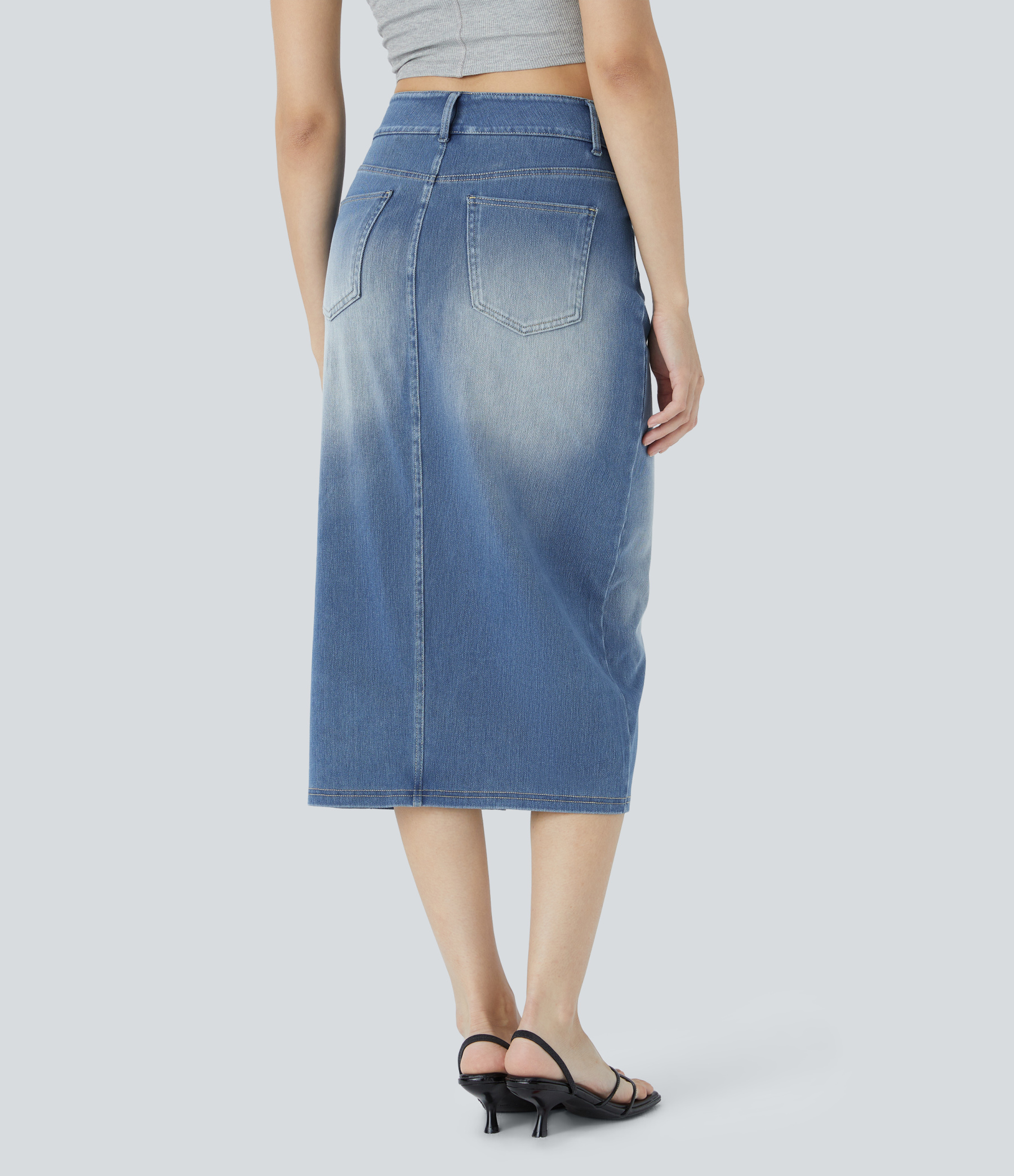 High Waisted Pockets Bodycon Washed Denim Casual Midi Skirt