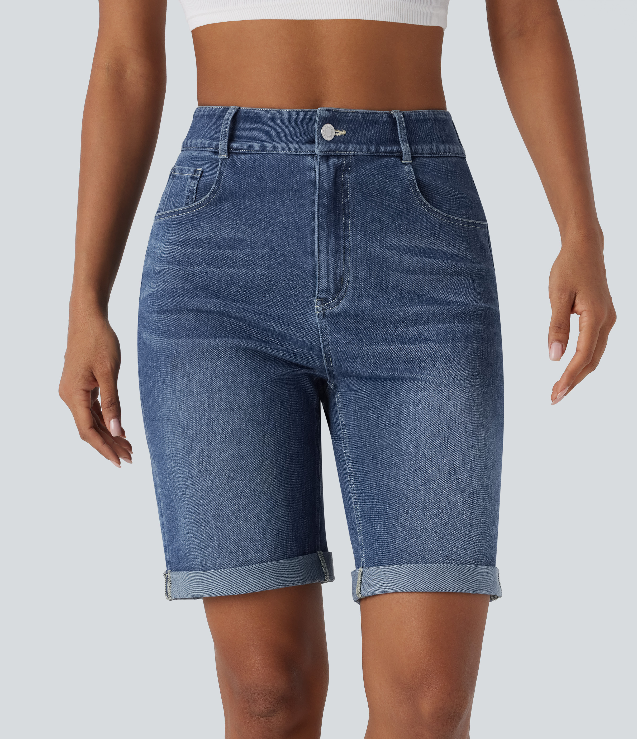 High Waisted Pockets Rolled Hem Washed Denim Casual Bermuda Shorts
