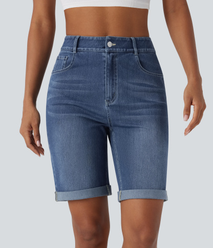 High Waisted Pockets Rolled Hem Washed Denim Casual Bermuda Shorts