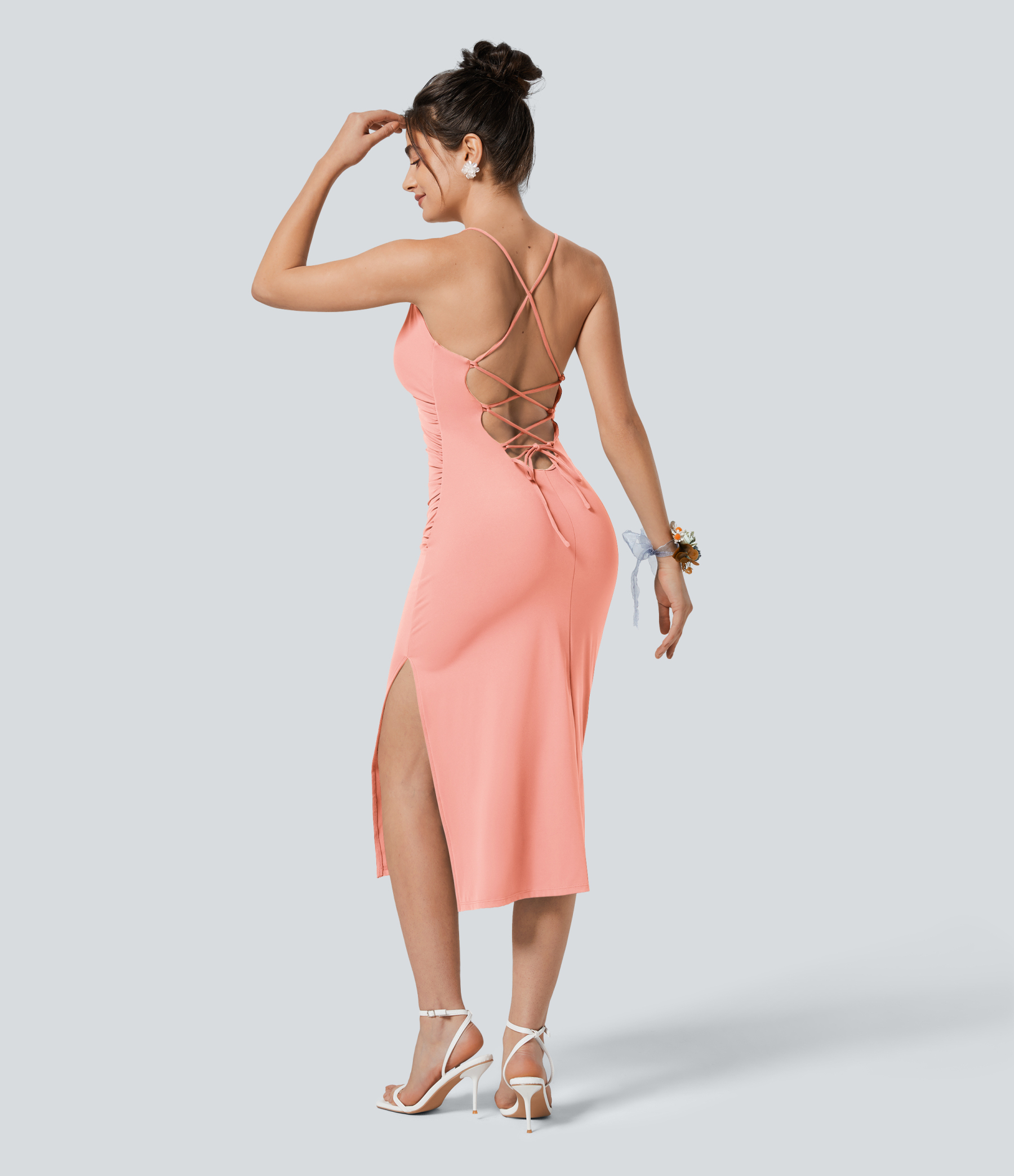 Airy Crossover Ruched Lace Up Bodycon Cool Touch Dress-UPF50+