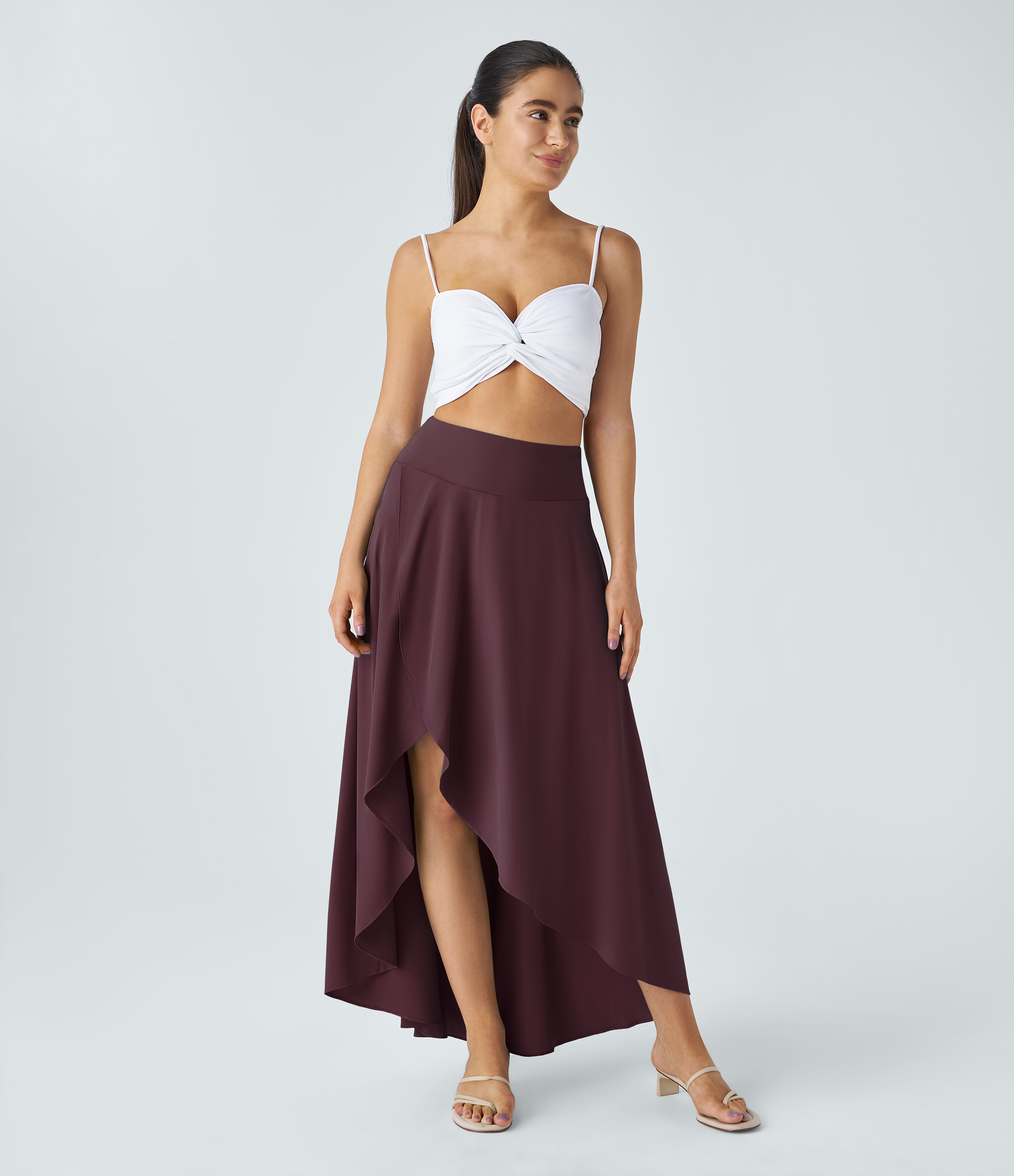 High Waisted High Low Ruffle 2-in-1 Flowy Quick Dry Casual Regular Maxi Skirt
