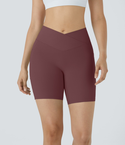 High Waisted Crossover Pocket Yoga Biker Shorts 7"-UPF50+