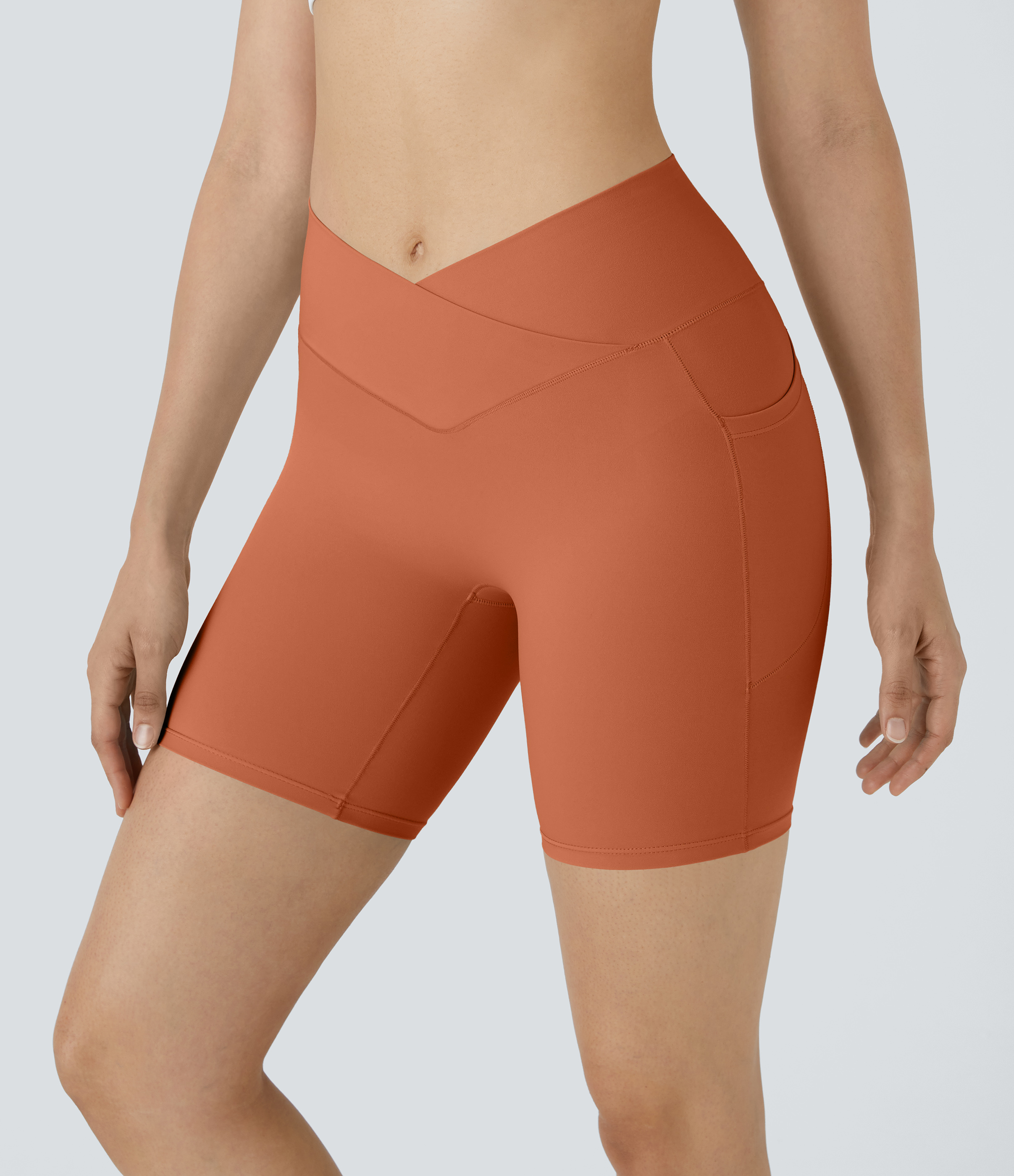 High Waisted Crossover Pocket Yoga Biker Shorts 7"-UPF50+