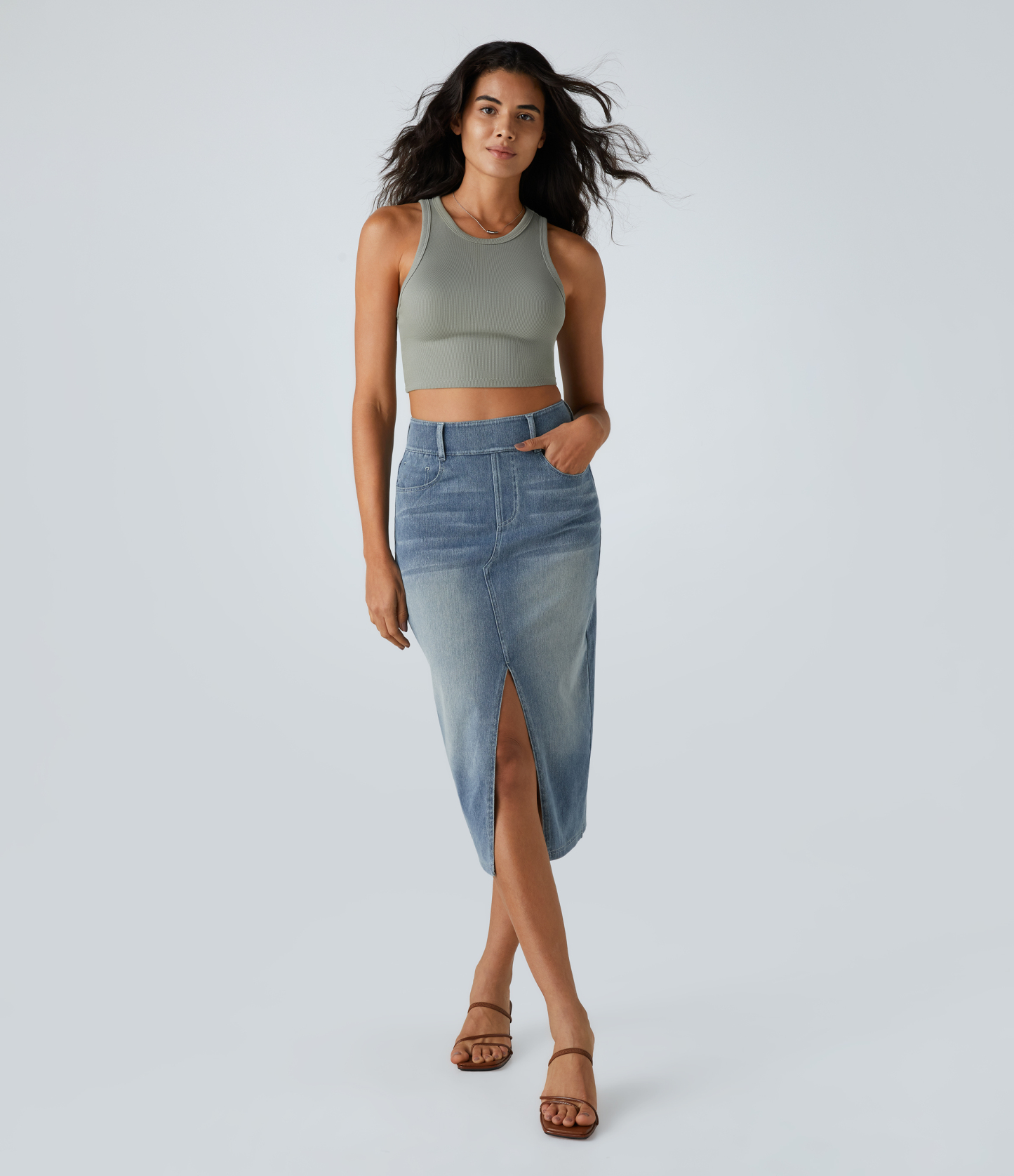 High Waisted Pockets Bodycon Washed Denim Casual Midi Skirt