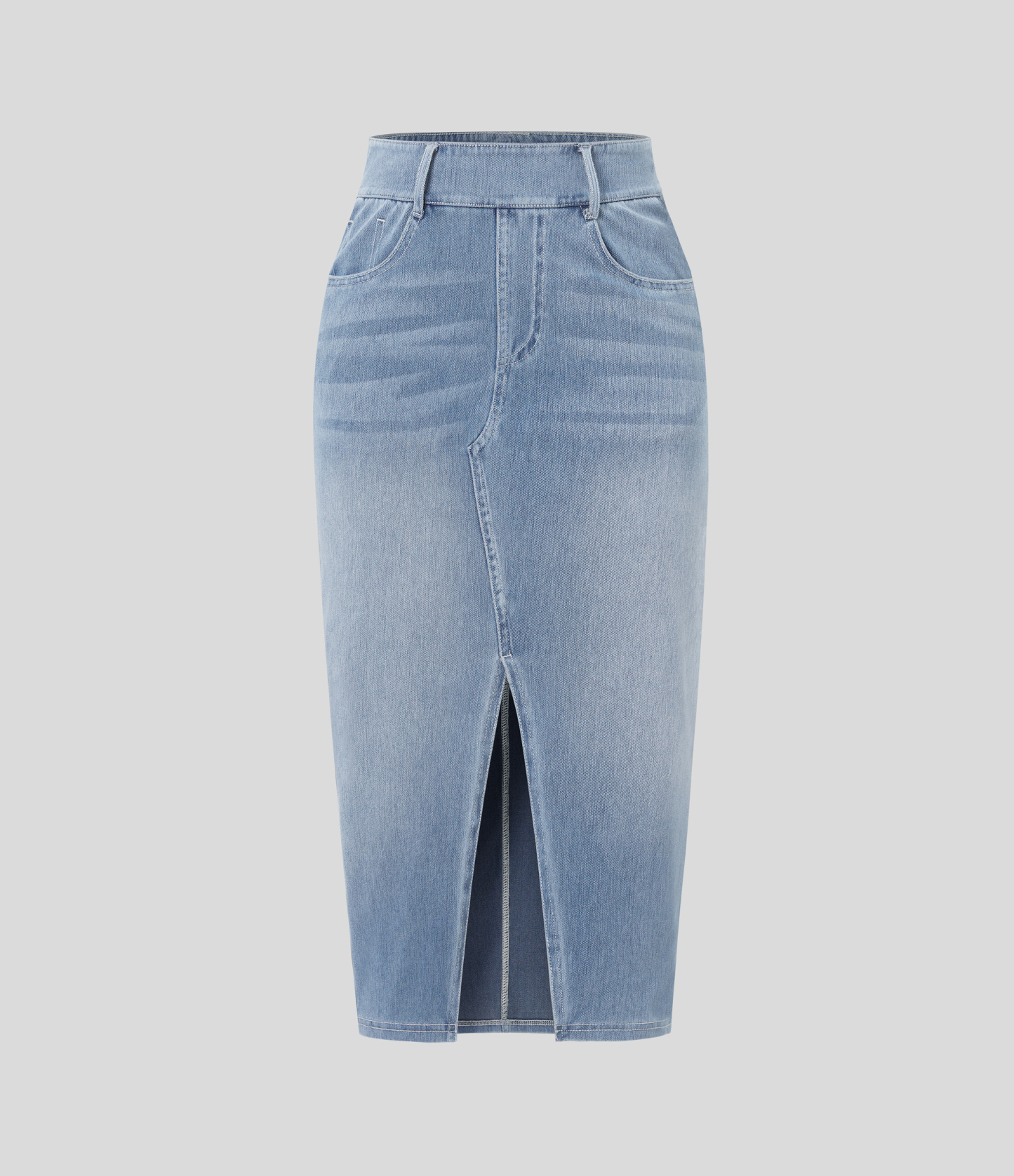 High Waisted Pockets Bodycon Washed Denim Casual Midi Skirt