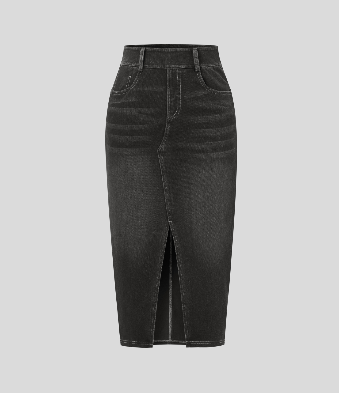 High Waisted Pockets Bodycon Washed Denim Casual Midi Skirt