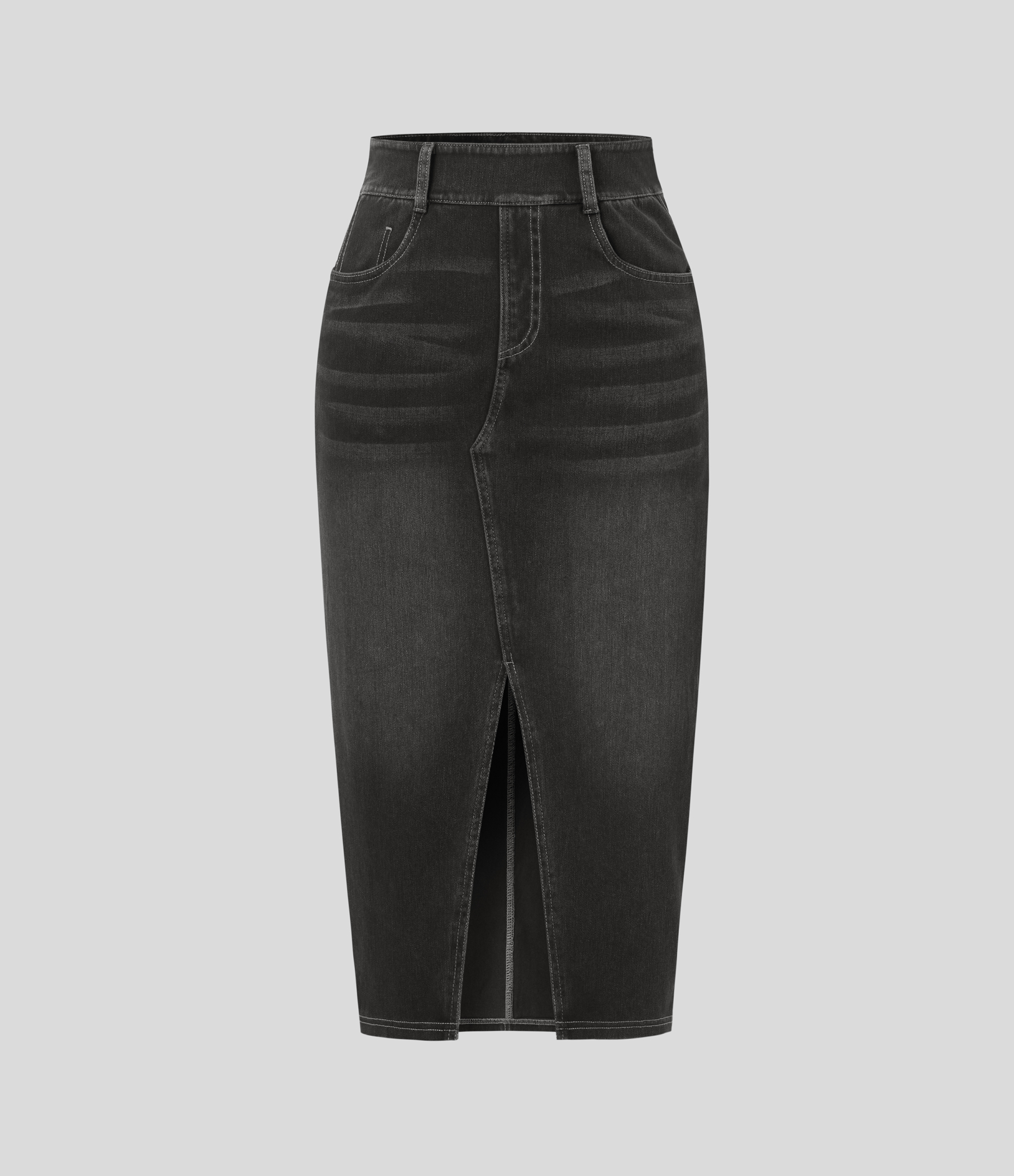 High Waisted Pockets Bodycon Washed Denim Casual Midi Skirt